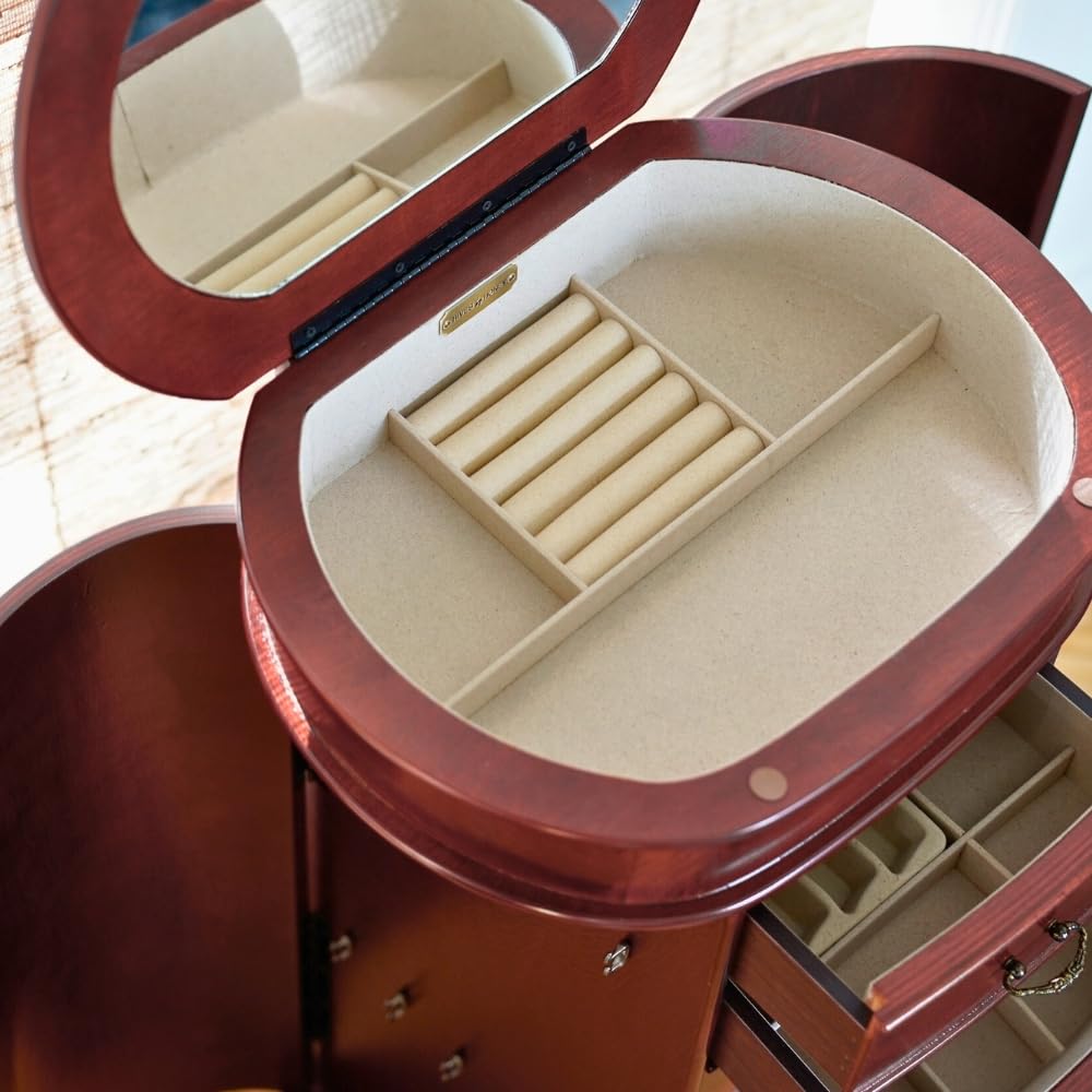 Daley Oval Jewelry Armoire - Stylish Cherry Wood Jewelry Box with Mirror & Drawers for Necklace, Ring & Earring Storage - Perfect for Bedroom Vanity, Closet Organization & Gift Giving