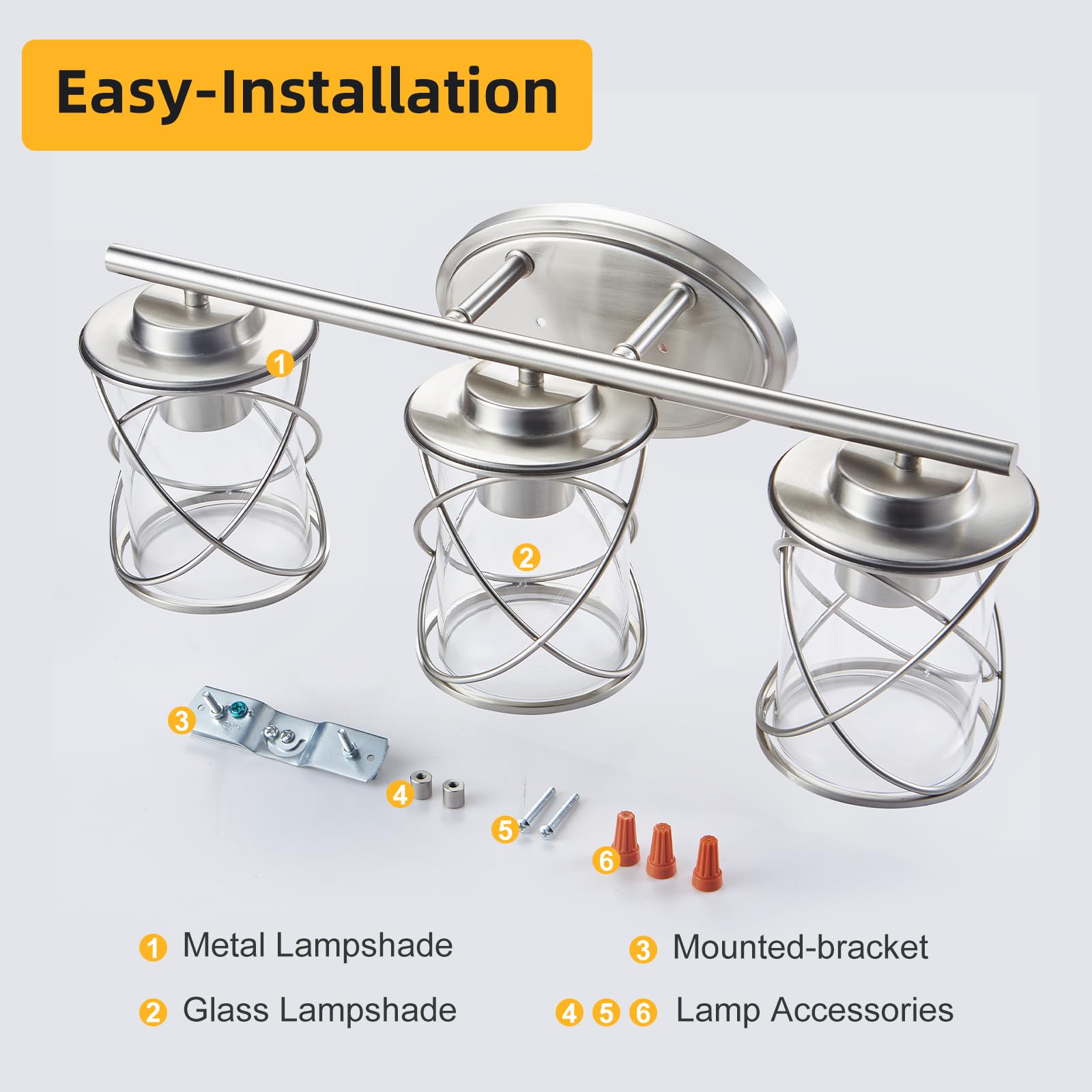 3-Lights Bathroom Vanity Lighting Fixtures - Brushed Nickel Farmhouse Wall Sconce with Clear Glass Shade - Perfect for Mirror Lighting in Bathroom, Kitchen, Bedroom and Dressing Room