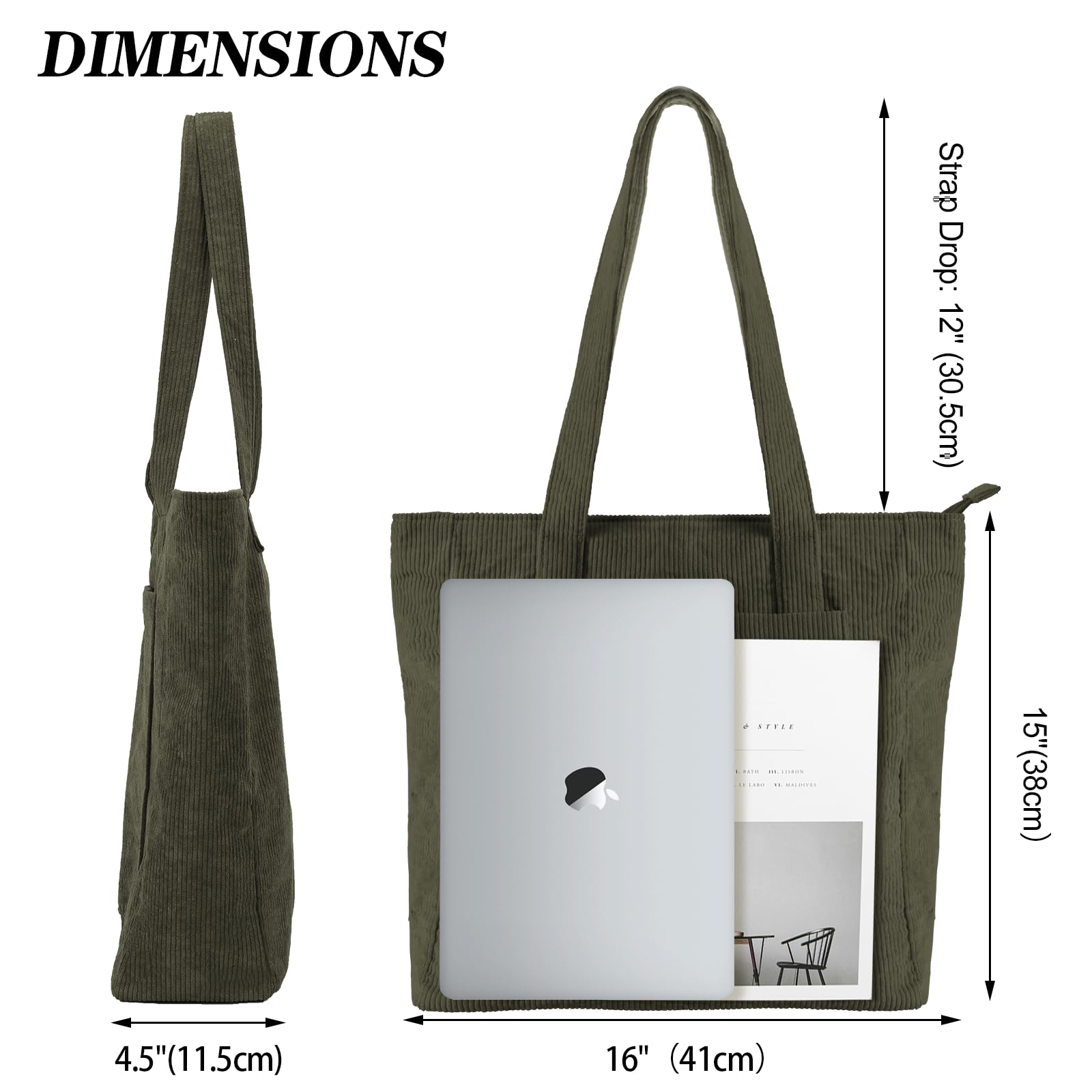 Stylish Corduroy Tote Bag for Women - Large Zippered Shoulder Bag with Multiple Pockets - Perfect for Work, College, Shopping & Travel (Casual Everyday Use)