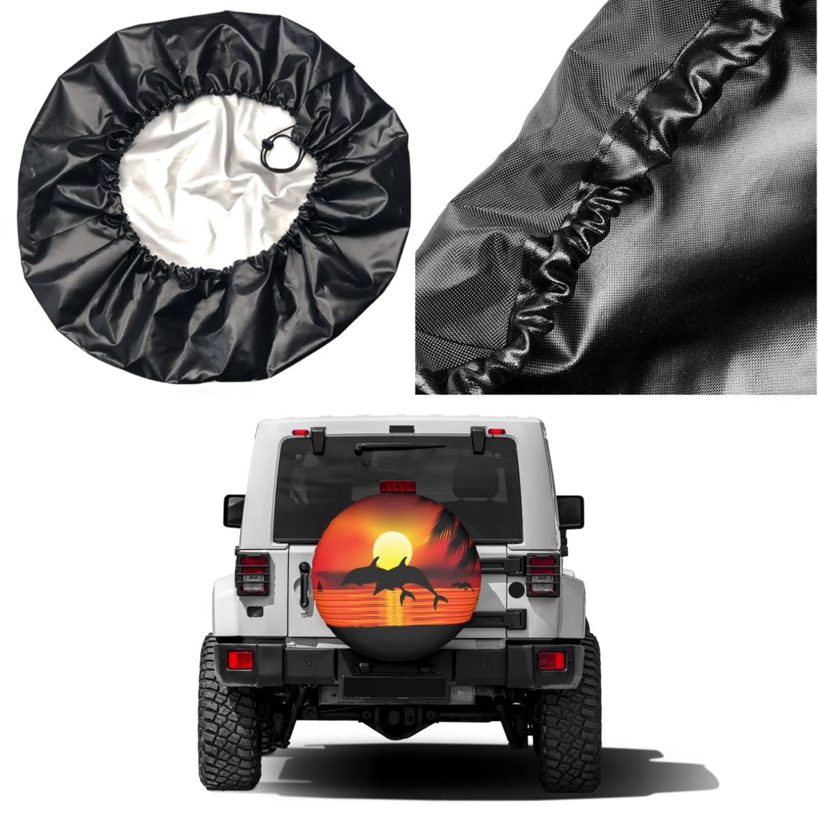 Waterproof 14 Inch Spare Tire Cover with Sunset Ocean Dolphins & Palm Leaves Design - Dust-Proof Wheel Protector for Trailers, RVs, SUVs & Most Vehicles | Perfect for Road Trips & Outdoor Adventures
