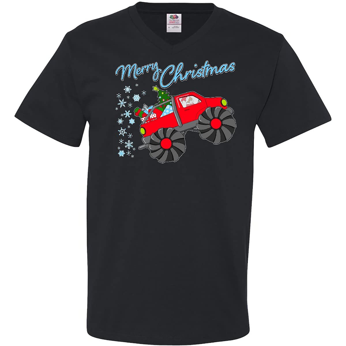 Inktastic Merry Christmas - Santa Drives a Monster Truck Men's V-Neck T-Shirt | Funny Holiday Gift for Dad, Husband | Christmas Party, Family Gathering, Ugly Sweater Contest