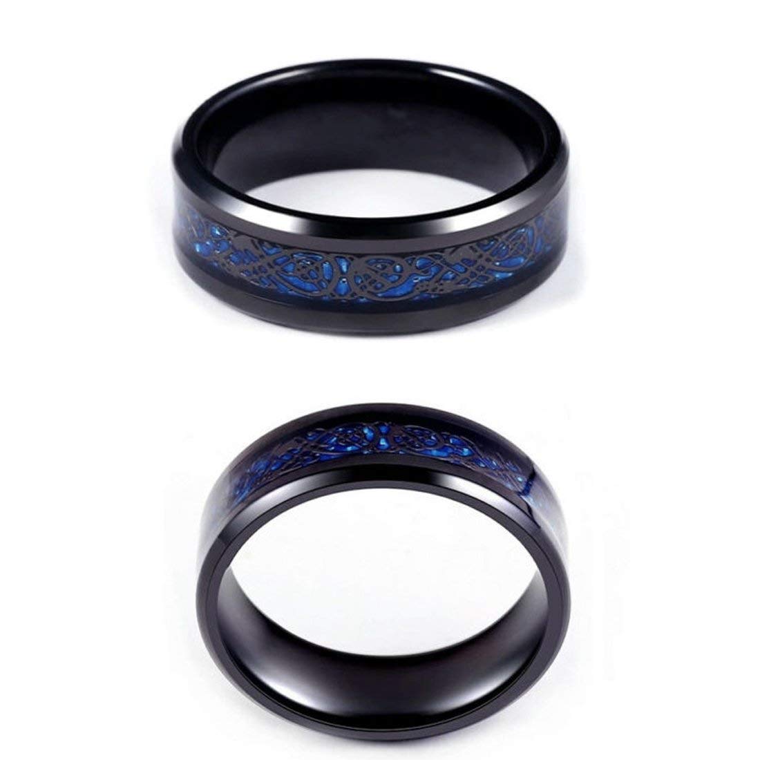 Yellow Chimes 2-Piece Titanium Steel Rings for Men - Dragon & Celtic Inlay Polish Finish, Black & Blue Rings for Men & Boys | Wedding, Gift, Fashion Jewelry
