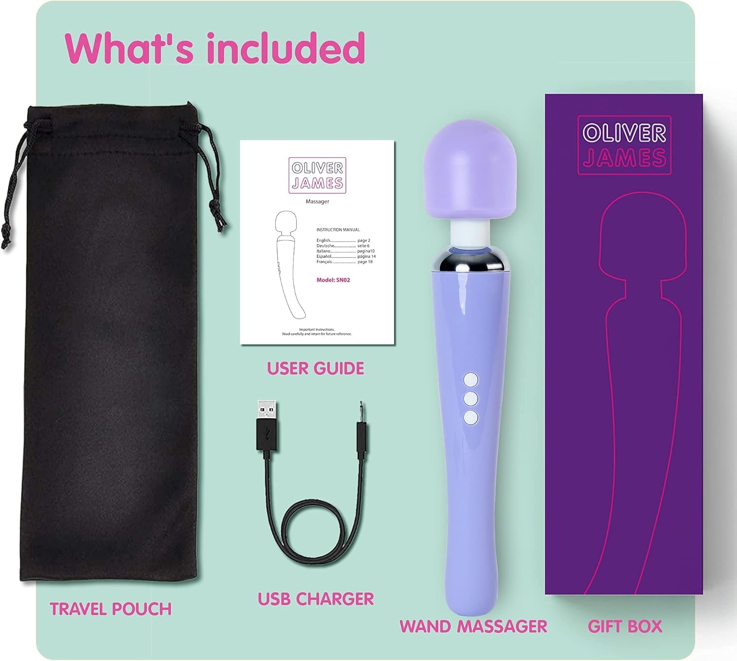 Oliver James Powerful Wand Massager - 20 Vibration Modes & 8 Speeds, Wireless G-Spot & Clitoral Stimulator, Waterproof Adult Sex Toy for Women - Perfect for Solo Play, Couples & Sensual Massage (Large, Purple)