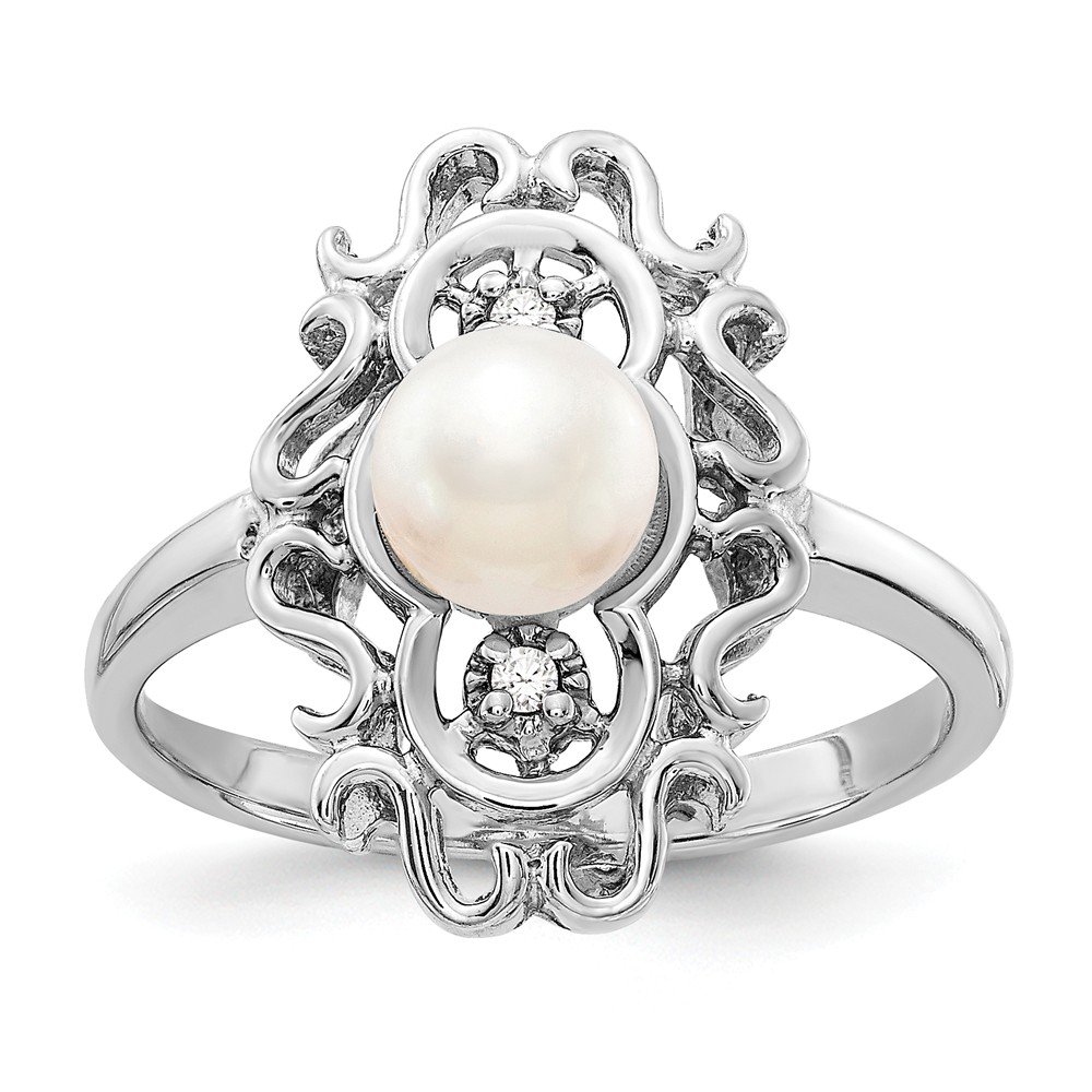 14K White Gold Freshwater Cultured Pearl & Diamond Ring (0.02cttw) - Elegant Wedding Band, Anniversary Gift for Her, Perfect for Bridal Jewelry & Special Occasions