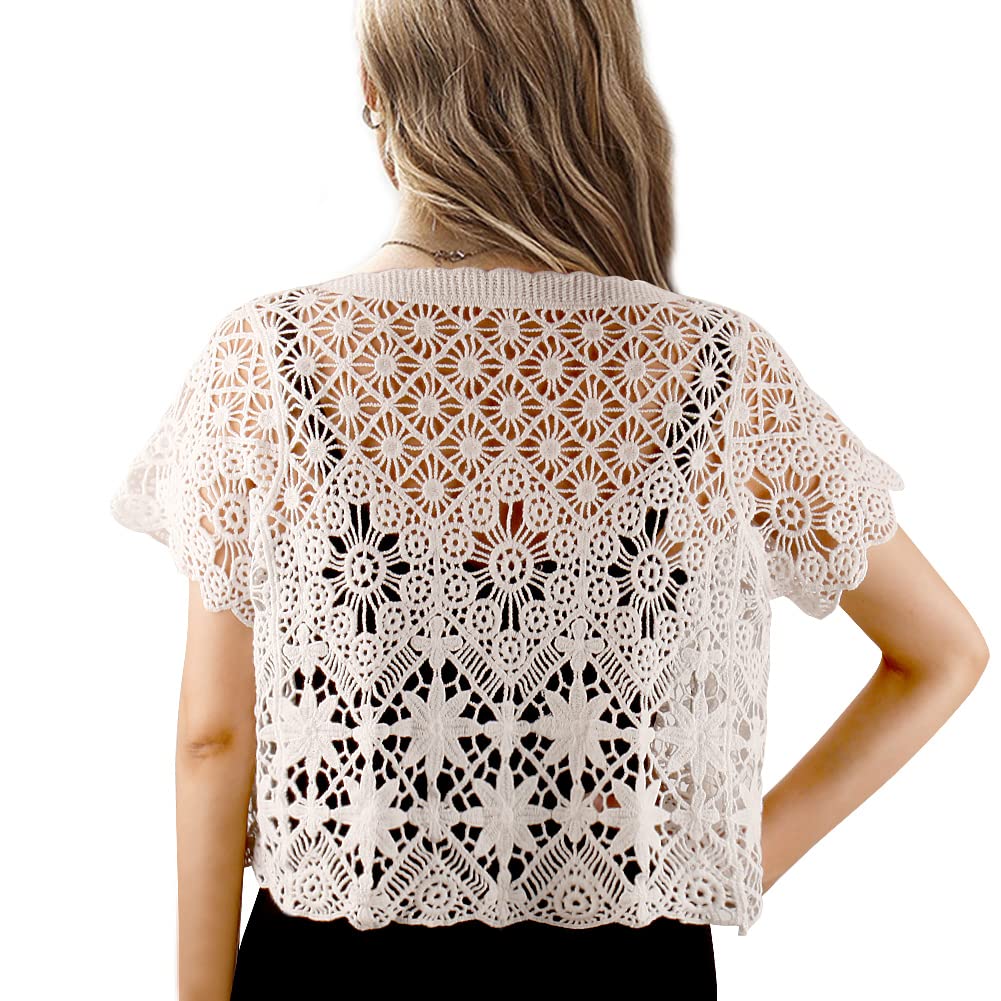 Women's Crochet Lace Short Sleeve Bolero Shrug Cardigan - Lightweight Open Front Cover Up for Summer, Beach, Wedding & Evening Wear