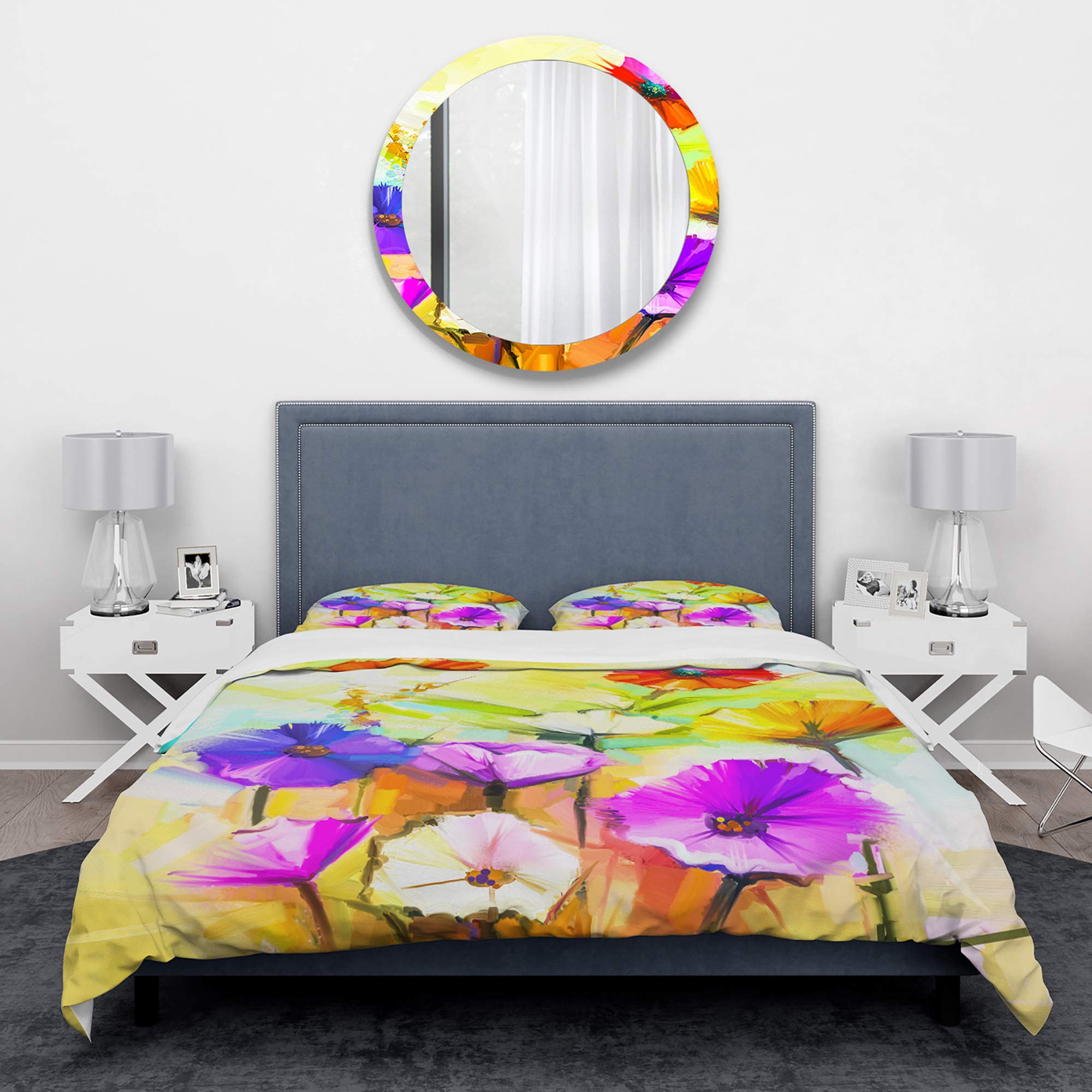 DesignQ Yellow Gerbera Flowers Painting Nautical Duvet Cover Set King - 3 Piece Floral Bedding Set for Coastal Decor | All Season Comfort for Master Bedroom & Guest Room
