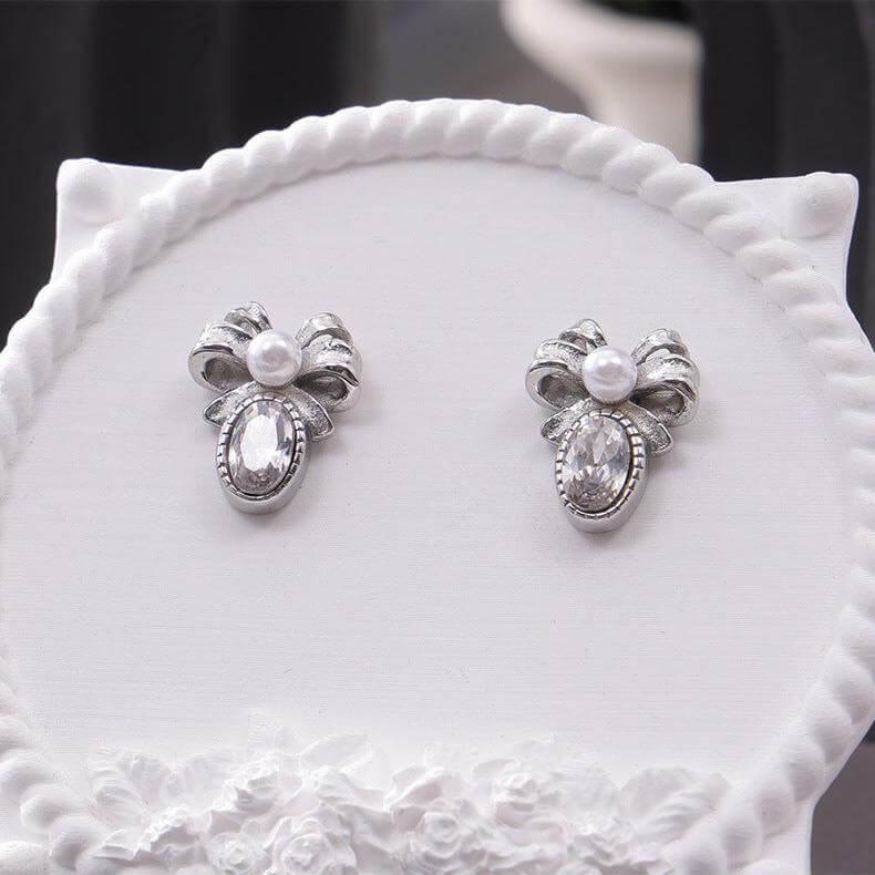 Antique Pearl Bow French Style Stud Earrings for Women - Vintage Gold Plated Jewelry Gift - F1472 | Perfect for Weddings, Parties & Special Occasions