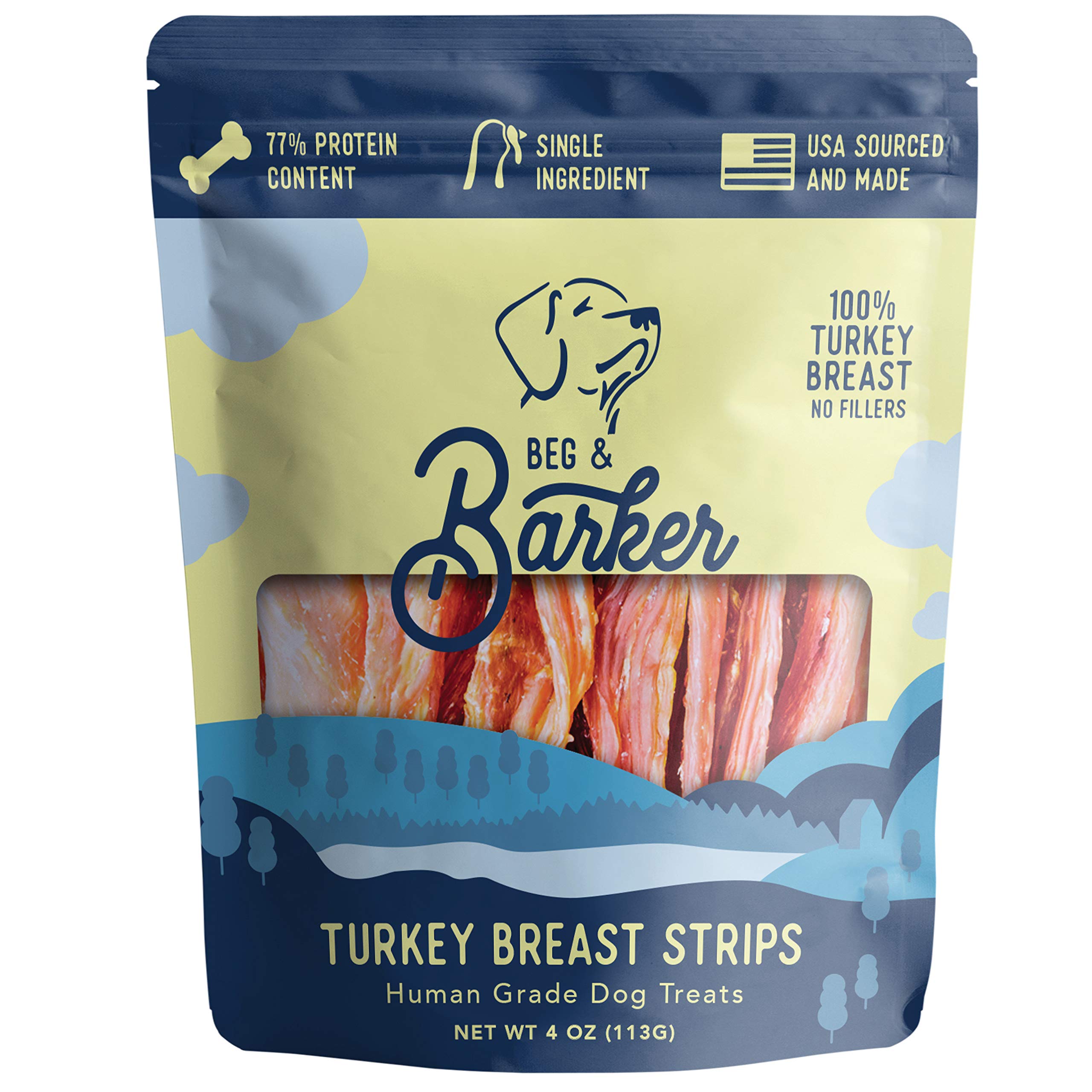 Beg & Barker Turkey Jerky for Dogs - 4oz Natural Grain-Free Dog Treats, High Protein Training Snacks, USA Made, Diabetic & Sugar-Free - Perfect for Reward Training, Travel & Outdoor Adventures