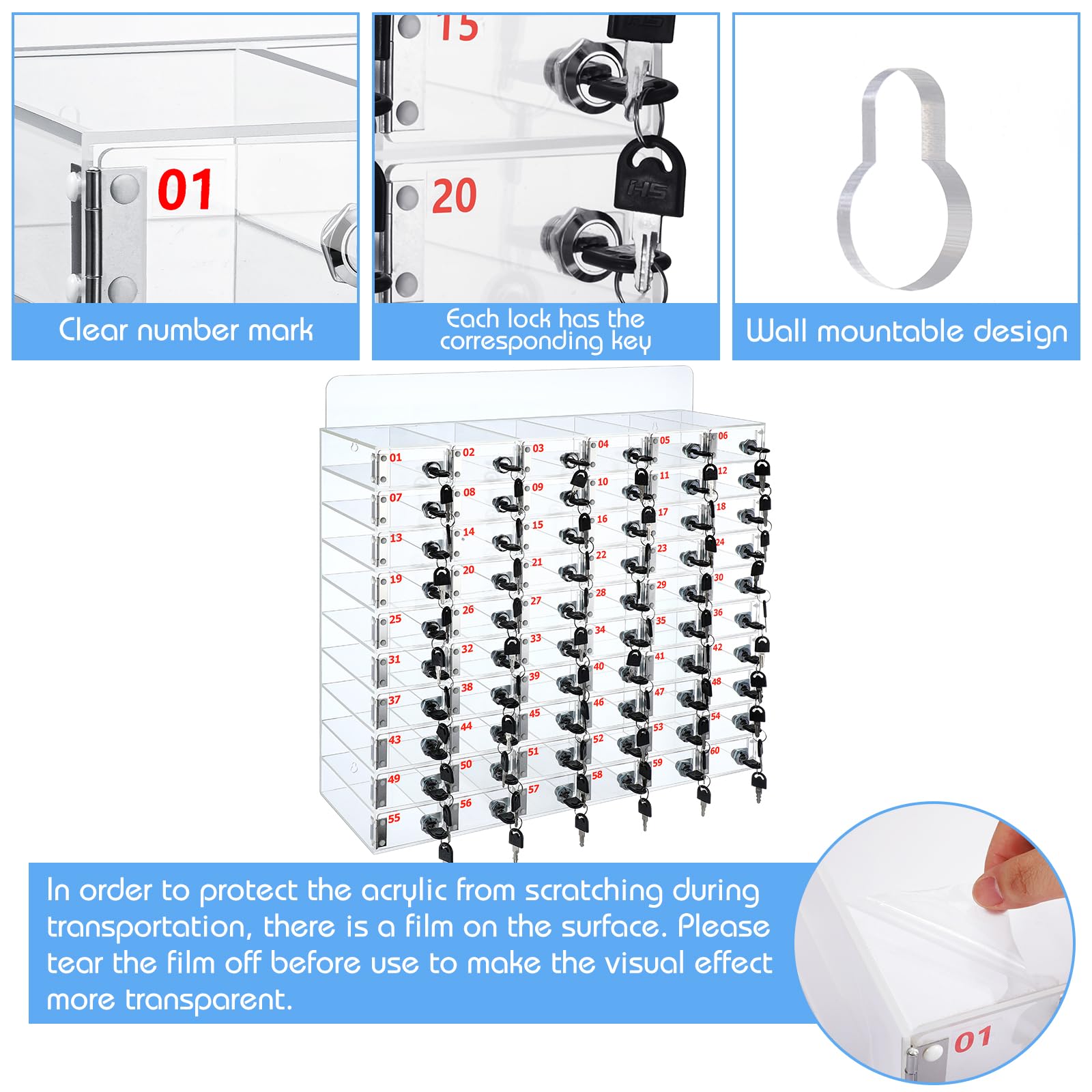 60-Slot Clear Acrylic Cell Phone Locker Box with Door Locks & Keys - Wall Mounted Phone Storage Cabinet for Classroom, School, Office (29.13