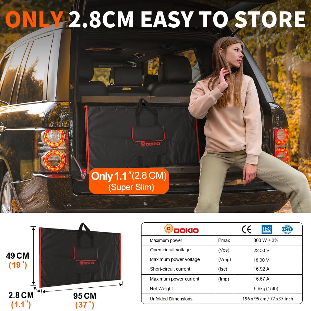 DOKIO 300W 18V Portable Foldable Solar Panel Kit with Controller - 21x41 Inch Lightweight (17lb) Solar Charger for RV, Camping, Trailer - 2 USB Outputs to Charge 12V Batteries/Power Stations (AGM, LiFePO4) - Perfect for Off-Grid Living, Emergency Power & Outdoor Adventures