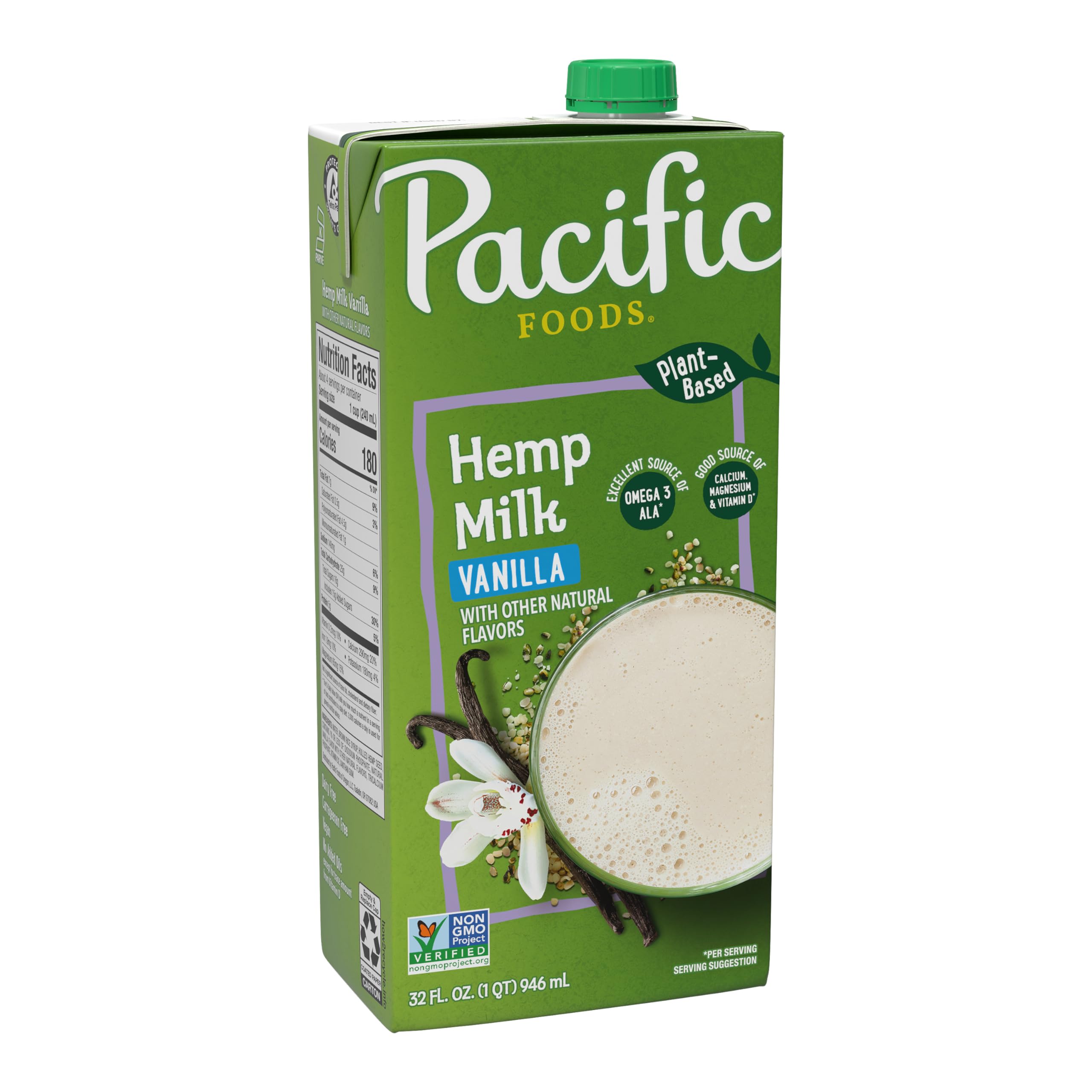 Pacific Foods Vanilla Hemp Milk - Dairy-Free Plant Based Milk Alternative, 32oz Carton - Perfect for Smoothies, Coffee & Vegan Baking