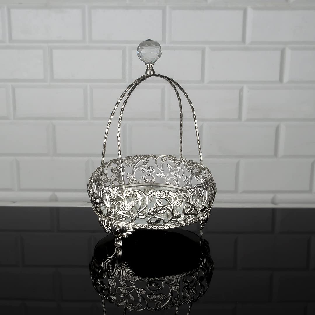 Handmade Silver Metal Vanity Tray - Round Jewelry Organizer with Mirror & Handle for Dresser Top | Perfect for Perfume Display, Jewelry Storage & Gift Giving | Elegant Home Decor for Bedroom & Bathroom