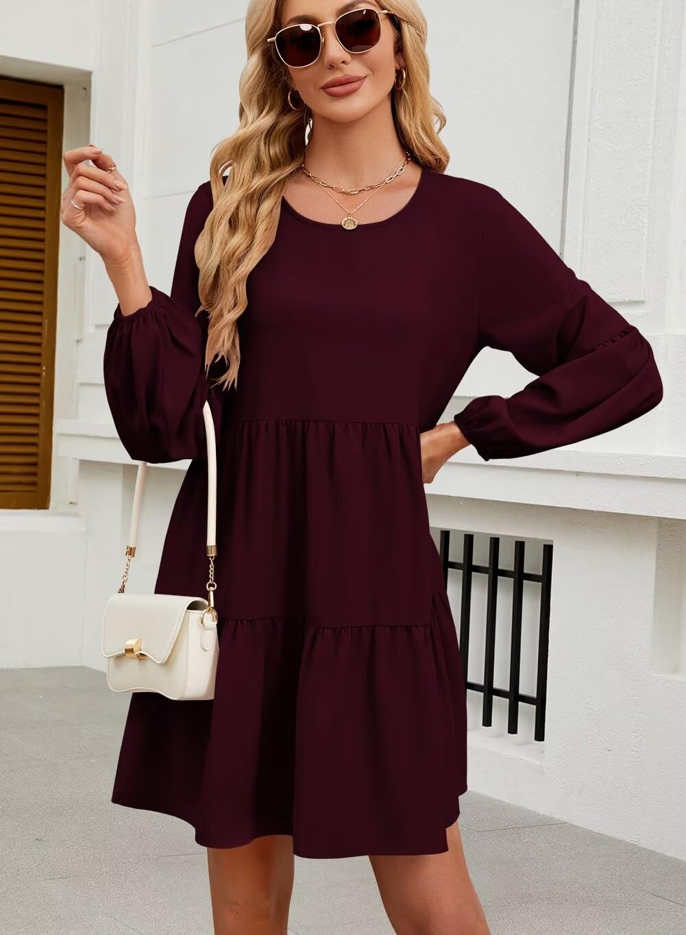 QACOHU Women's Summer Babydoll Dress 2025 - Spring Crew Neck Long Sleeve Loose Flowy Swing Tunic Mini Dress for Casual Outings & Beach Vacations