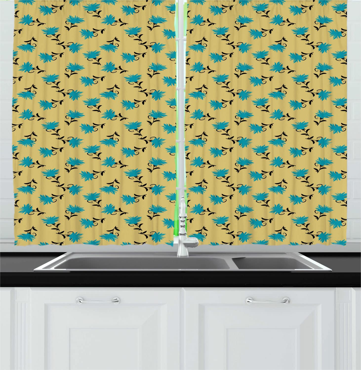Ambesonne Turquoise Blue Long Kitchen Curtains - Abstract Flower Petal Pattern with Rod Pocket, 55x45 Inch, 2 Panels - Pale Camel, Dark Turquoise & Charcoal Grey - Perfect for Windows, Dining Room & Kitchen Decor