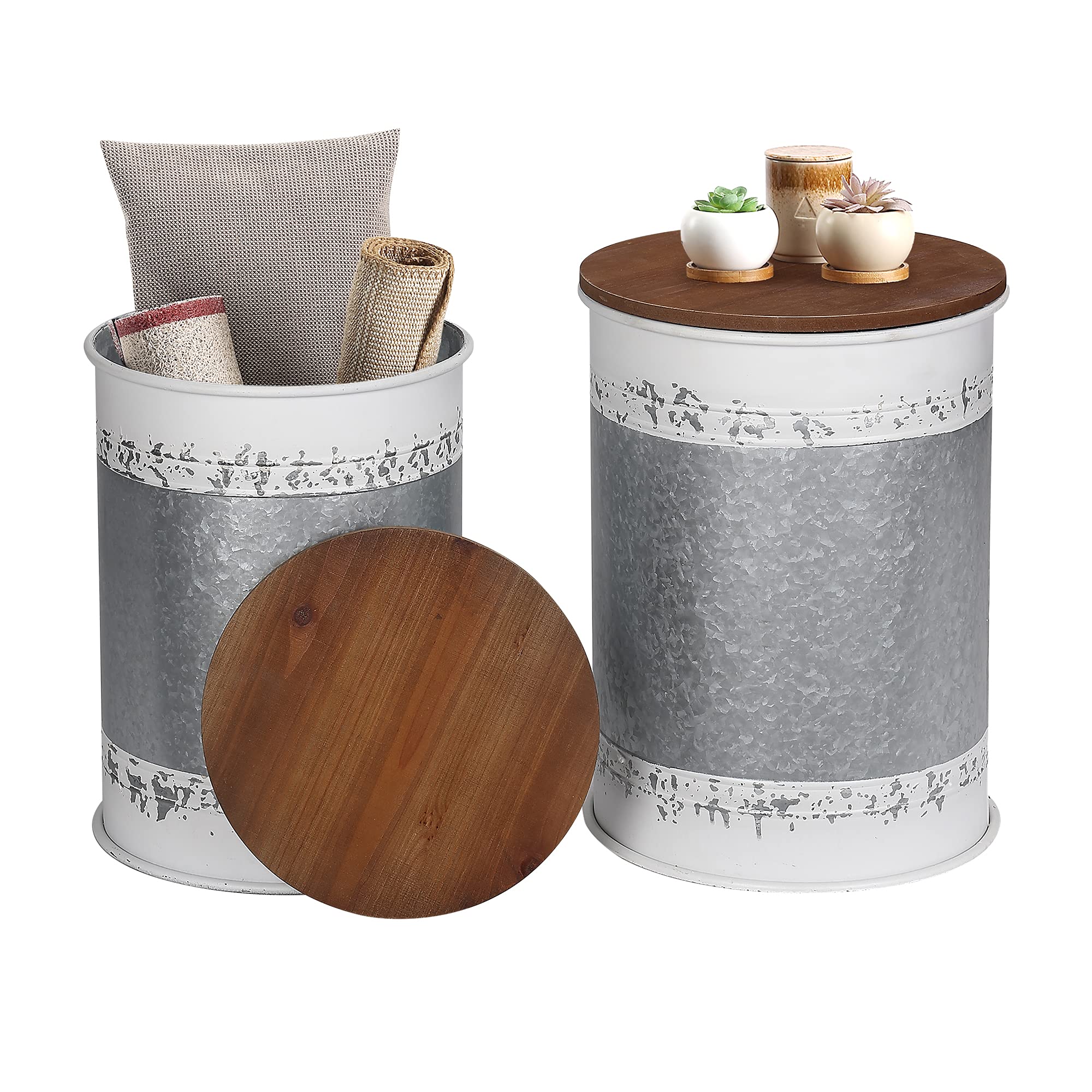 Rustic Farmhouse Side Table with Storage - White Distressed Galvanized Metal Ottoman Stool, Round Wood Lid, Coffee & Cocktail Table - Perfect for Living Room, Bedroom, or Patio Decor