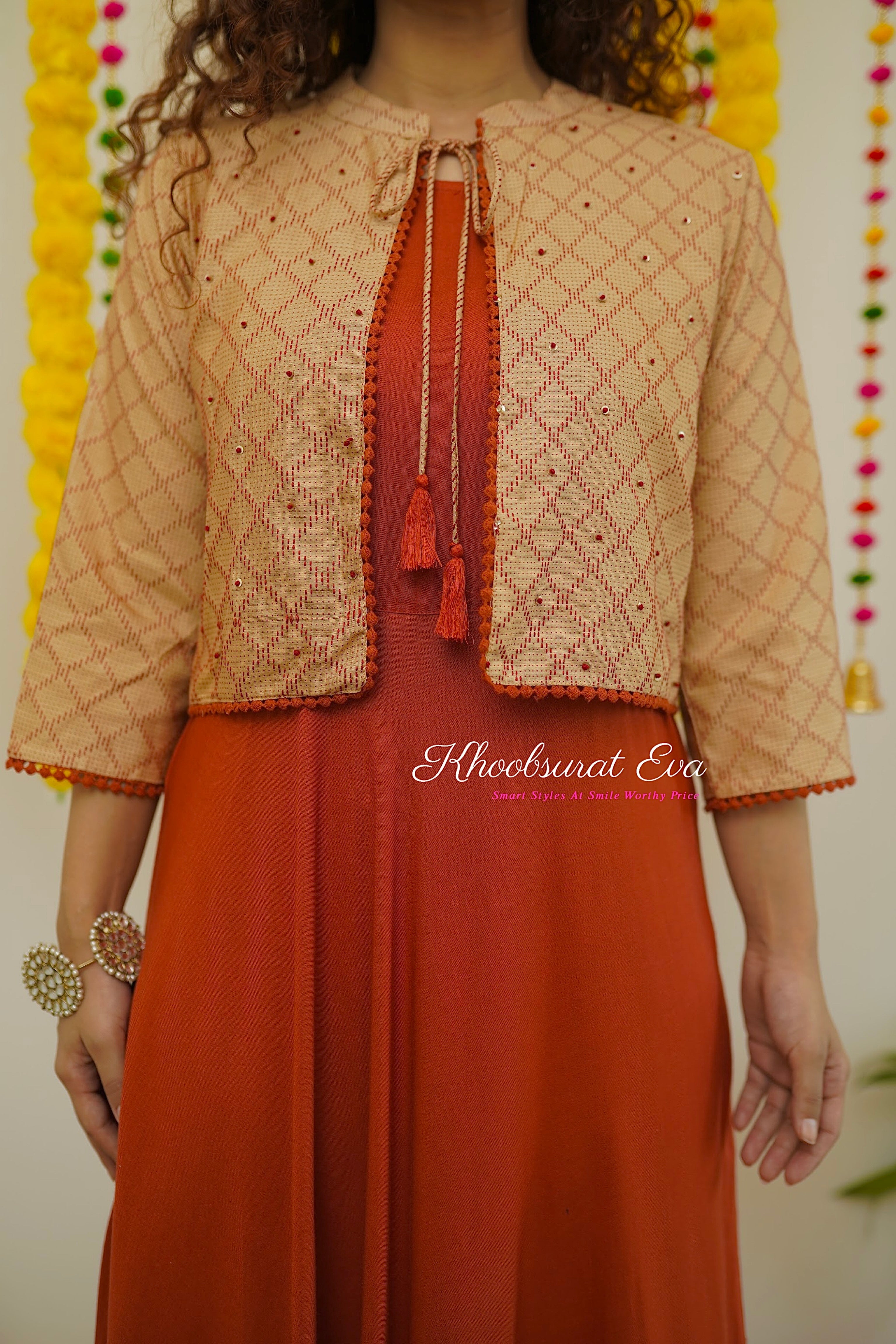 Elegant Red Beige Embroidered Jacket Maxi Dress for Women - Perfect for Weddings, Parties & Special Occasions