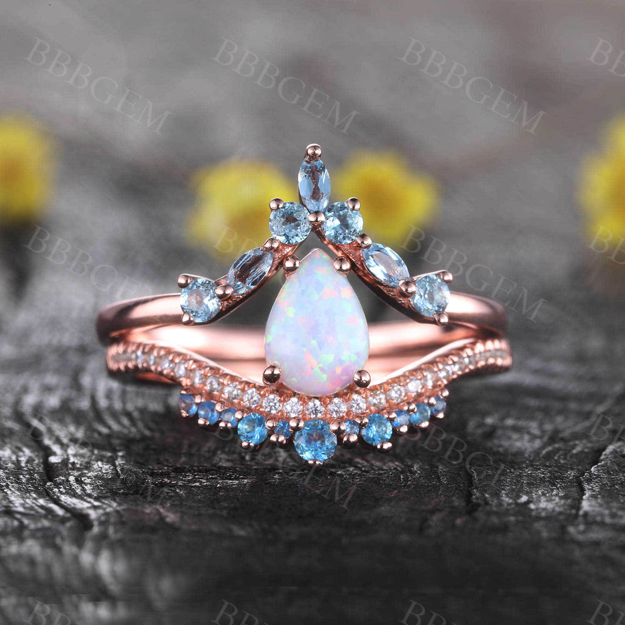 Vintage Opal Engagement Ring Set in Rose Gold with Blue Topaz Stacking Band - Unique Curved Wedding Bridal Jewelry Set for Proposal, Anniversary & Special Occasions