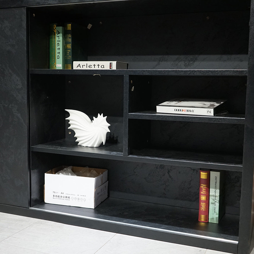 AFTAN 94.5-Inch Black Concrete TV Stand with Open Shelves - Modern Entertainment Center for Living Room, Bedroom & Home Theater