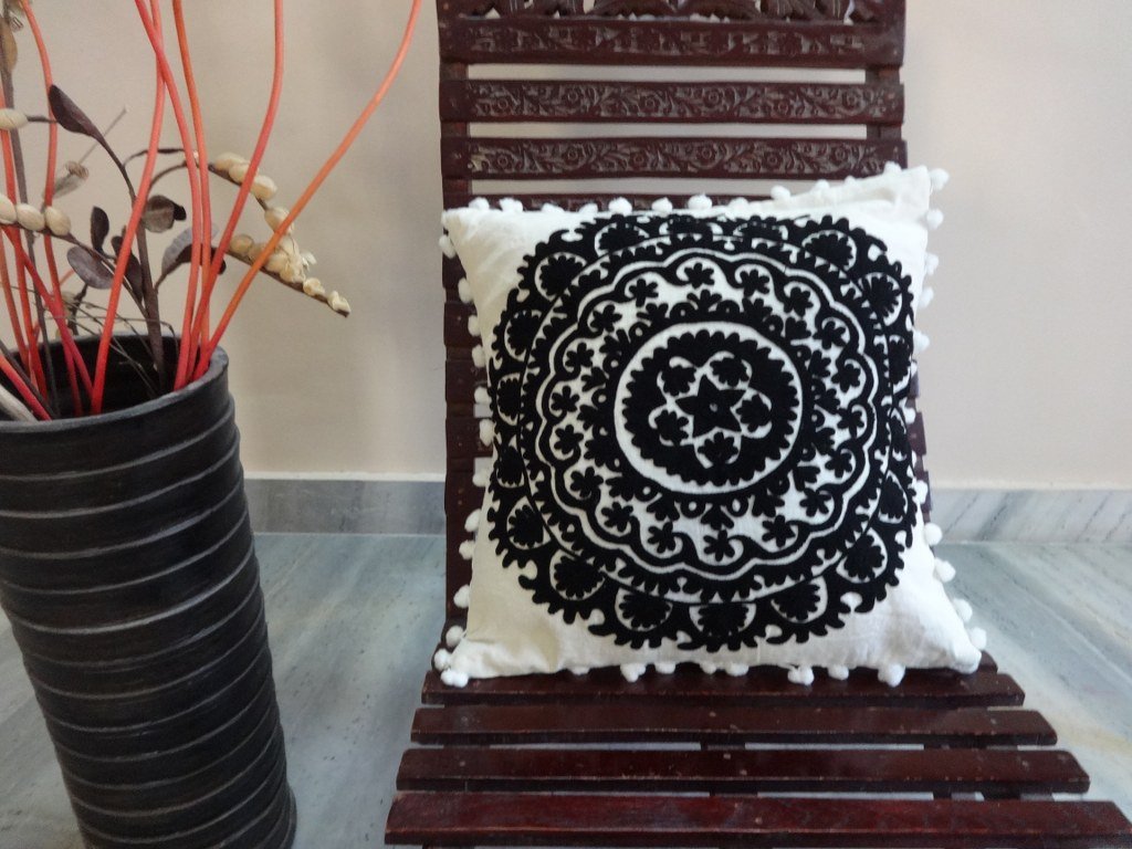 24x24 Inch Square Pillow Cover - Black & White Embroidered Floral Euro Sham for Patio Furniture, Bohemian Indian Ethnic Decorative Cushion Case, Hippie Throw Pillow Cover (Pattern 1) - Perfect for Outdoor Lounge, Living Room & Bedroom Decor