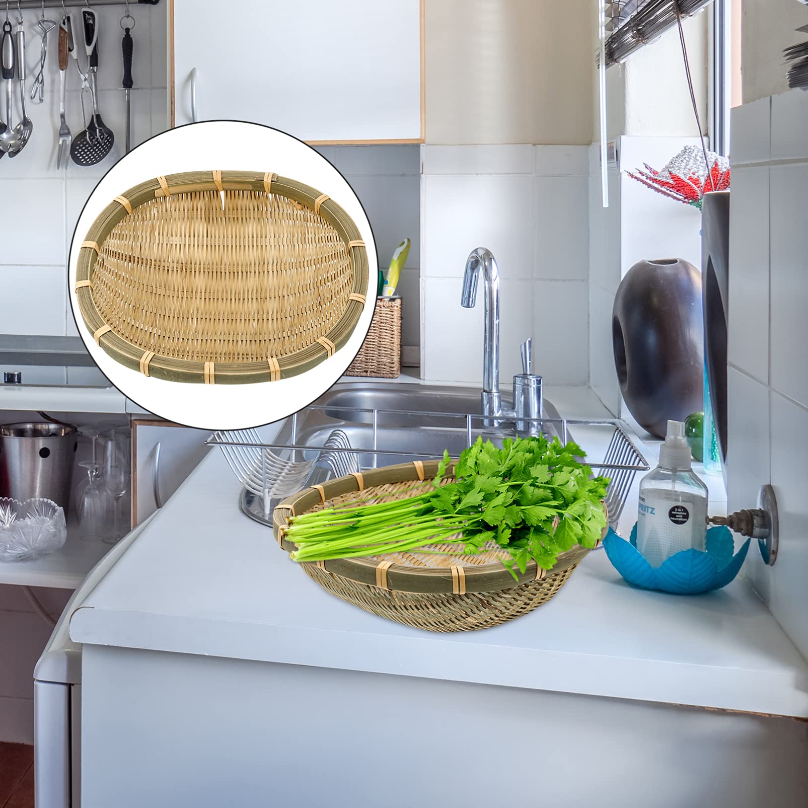 DOITOOL Rustic Woven Bamboo Basket - Multipurpose Serving Bowl for Fruits, Bread & Centerpieces | Eco-Friendly Kitchen Countertop Organizer & Household Dustpan | Perfect for Farmhouse Dining, Party Serving & Pantry Storage