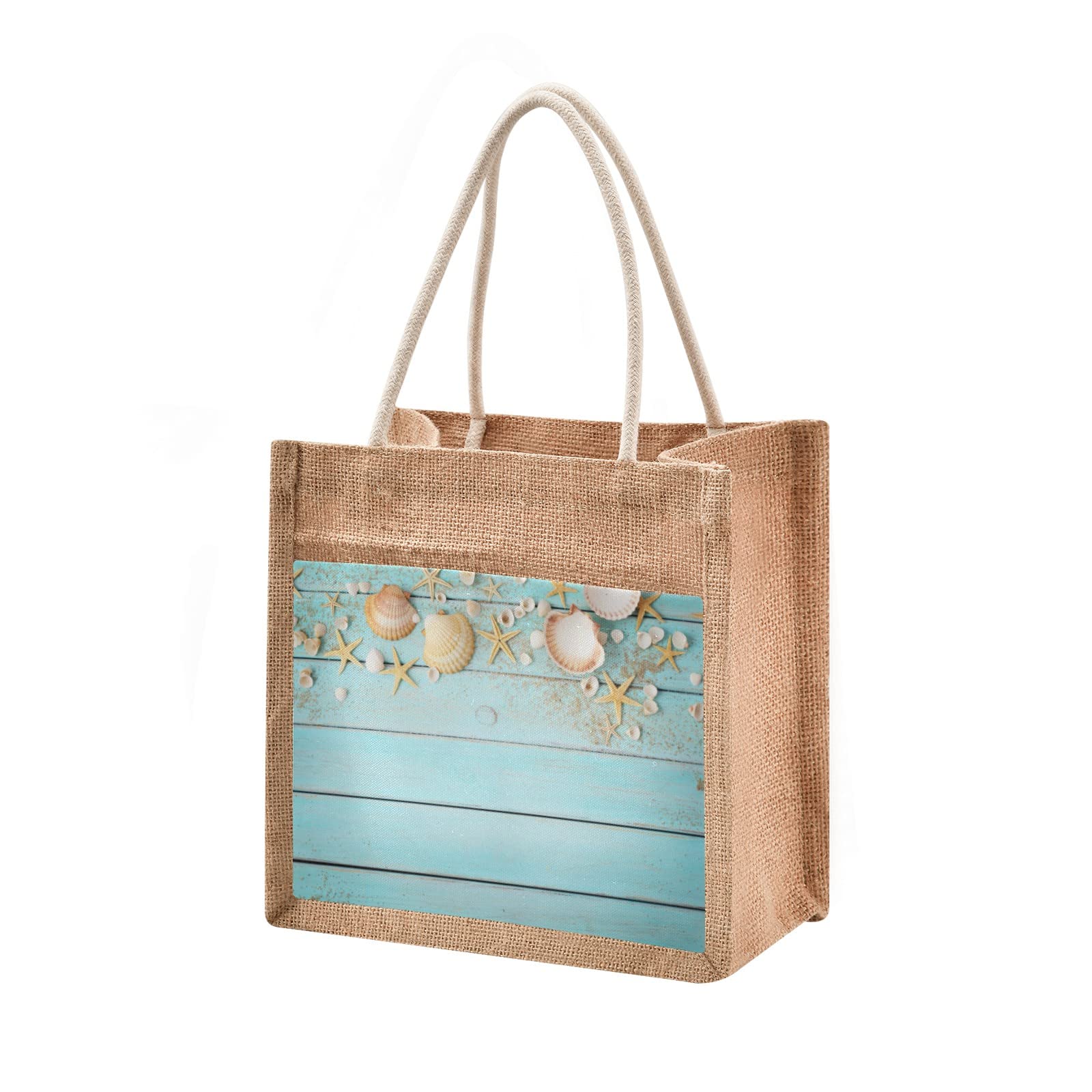 Eco-Friendly CaTaKu Sea Wooden Jute Tote Bag with Zipper & Handles - Reusable Grocery Shopping Bag with Front Canvas Pocket - 10