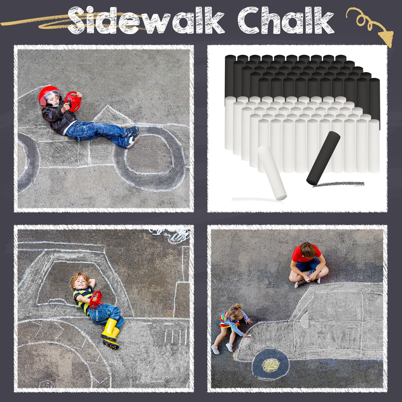 **100-Piece Jumbo Washable Sidewalk Chalk - Non-Toxic Black & White Chalk for Kids, Art, Playground & Classroom - Outdoor Fun, Chalkboard Drawing & Creative Play**    *(Perfect for Sidewalk Art, School Activities, Playground Fun & Creative Learning!)*