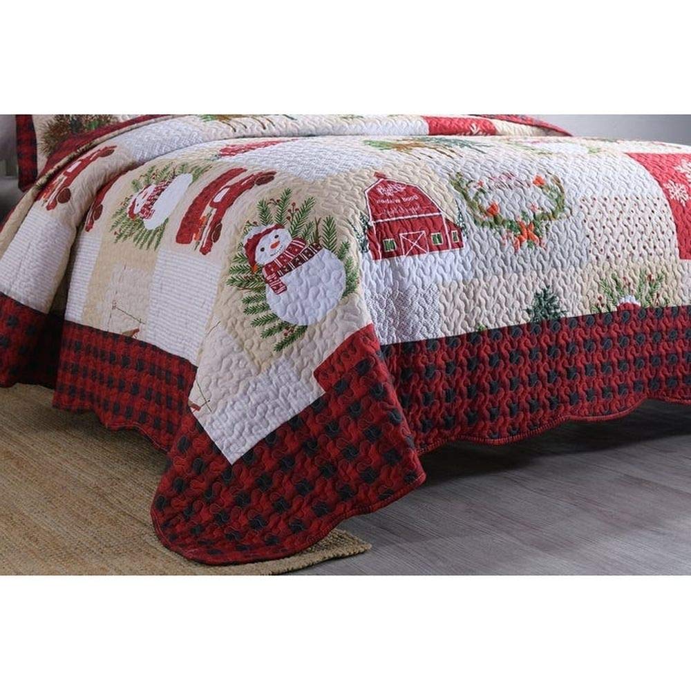 3 Piece Winter Christmas Quilt Set Queen Size - Snowman Snowflake Deer Tree Wreath Design Reversible Buffalo Plaid Checkered Patchwork Bedding (White/Red) - Cozy Holiday Home Decor for Bedroom & Living Room