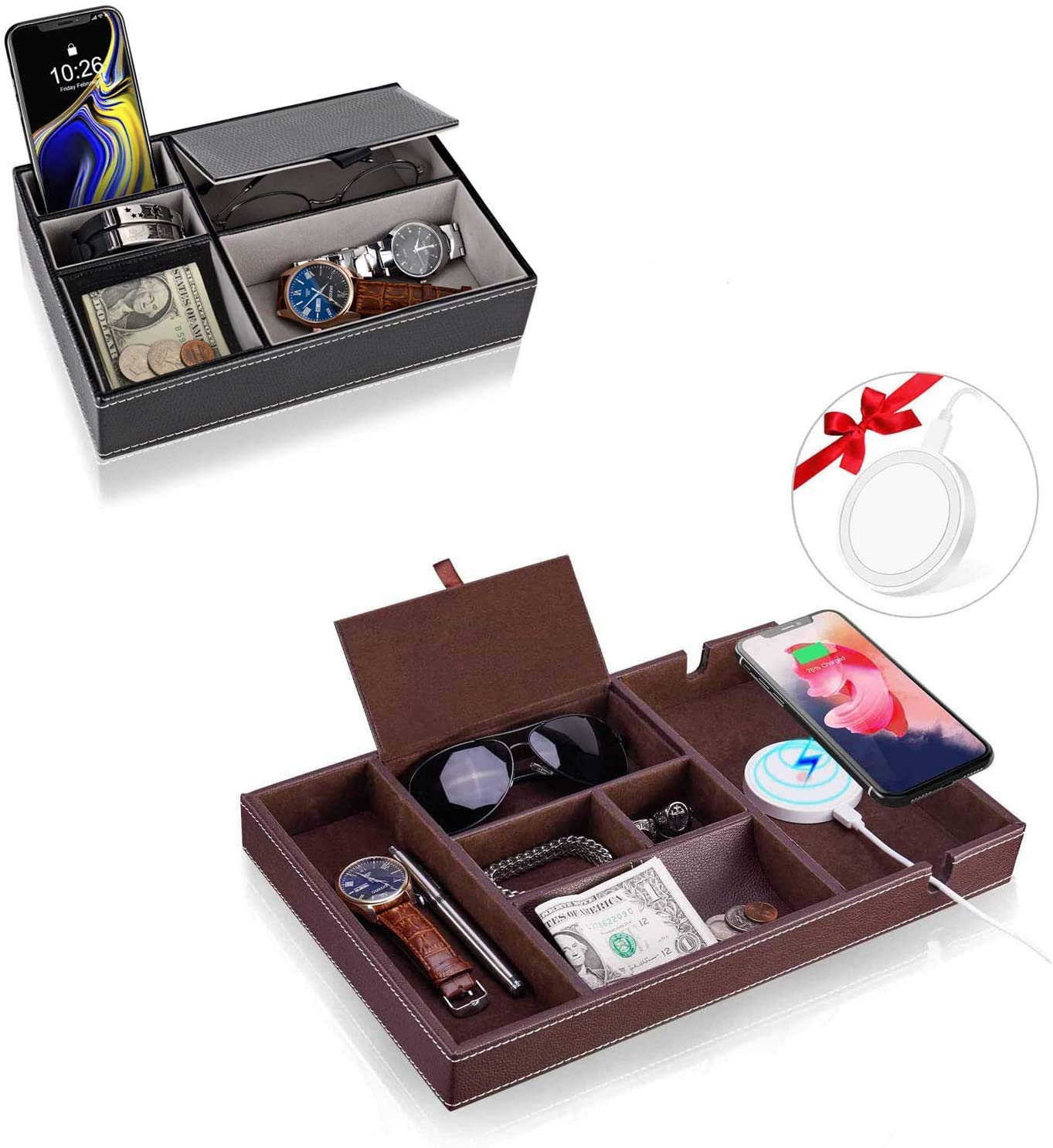 Premium Leather Valet Tray Organizer for Men - Watch, Jewelry & Wallet Storage Caddy with Wireless Charger | Nightstand, Dresser & Travel Organizer for Accessories