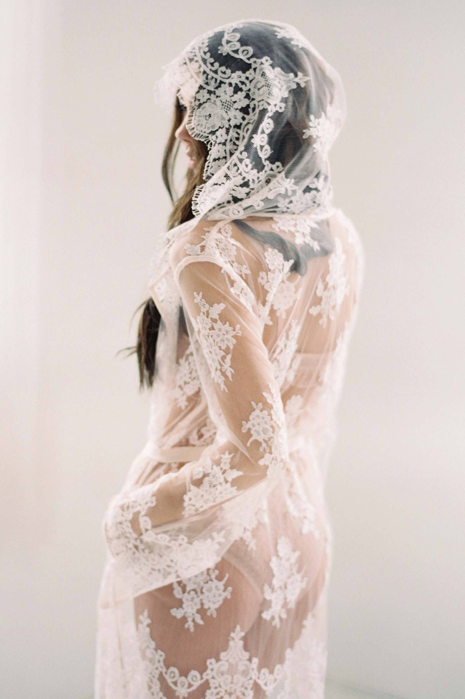 Stella Hooded French Lace Robe in Ivory - Elegant Bridal Lingerie & Boudoir Nightgown for Honeymoon, Wedding Night, and Special Occasions