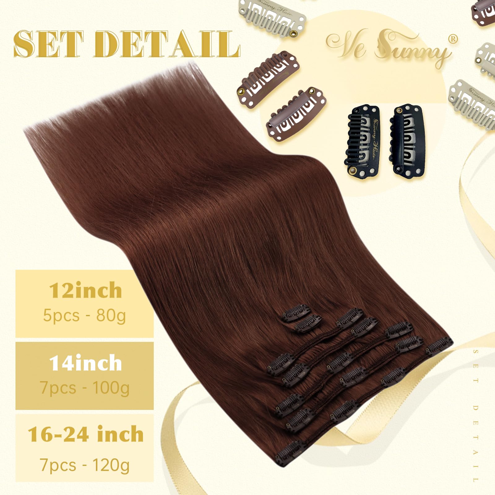 Ve Sunny Auburn Clip-in Human Hair Extensions - 5pcs 80g 12inch Real Human Hair for Cosplay & Daily Styling - Natural Red Auburn & Dark Auburn Shades for Volume & Length - Perfect for Parties, Weddings & Special Occasions