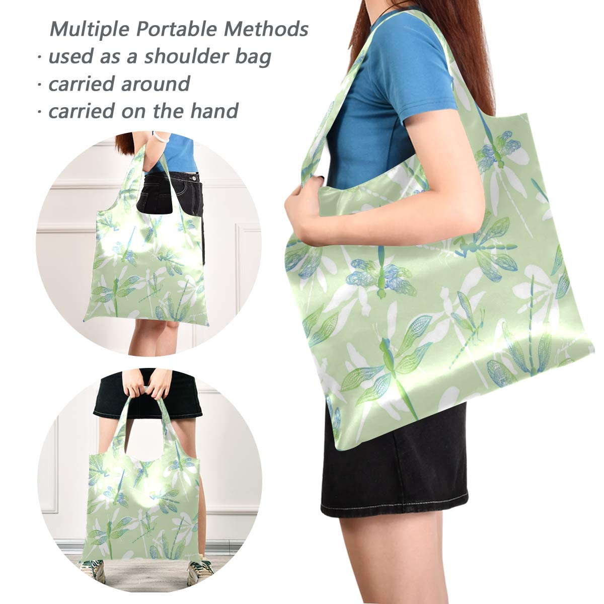 Blueangle Dragonfly Lace Design Reusable Grocery Bags - Large Foldable Shopping Tote with Long Handle, Eco-Friendly Produce Bag (Packs into Pouch) - Perfect for Farmers Markets, Grocery Shopping & Travel