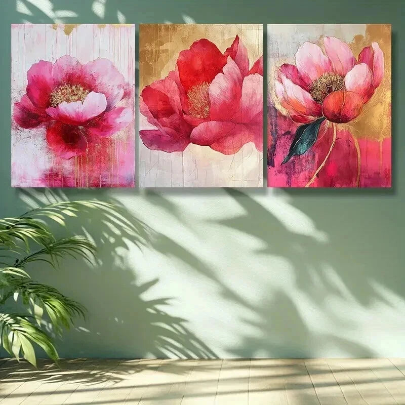 3-Piece Pink Peony Flowers Wall Art Set - Framed Canvas 50x70cm (20x28in) - High Quality Print - Australian Made - Ready to Hang - Perfect for Living Room, Bedroom & Office Decor