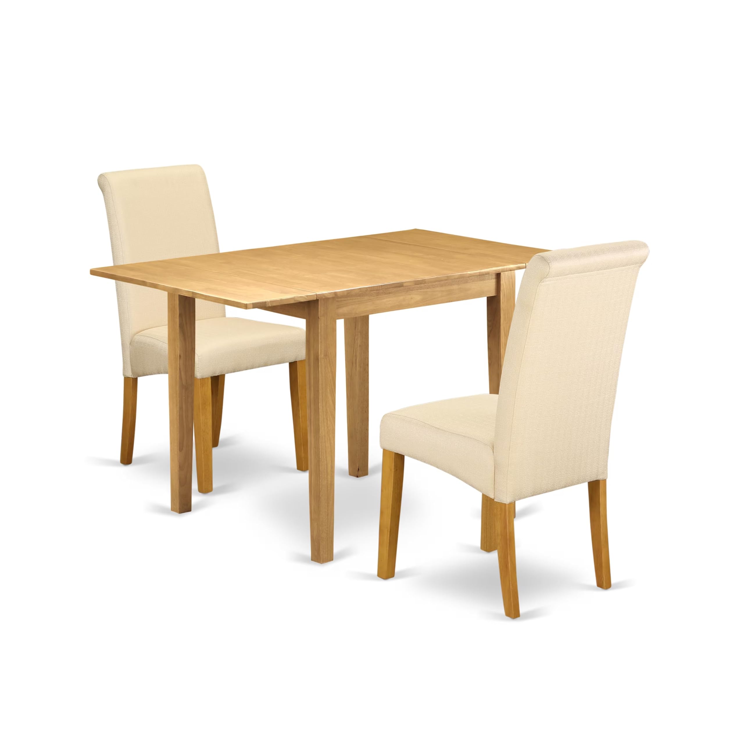 East West Furniture NDBA3-OAK-02 3-Piece Modern Oak Dining Table Set with Drop Leaf & 2 Light Beige Linen Upholstered Chairs, 30x48 Inch - Perfect for Small Spaces, Breakfast Nooks & Cozy Apartments