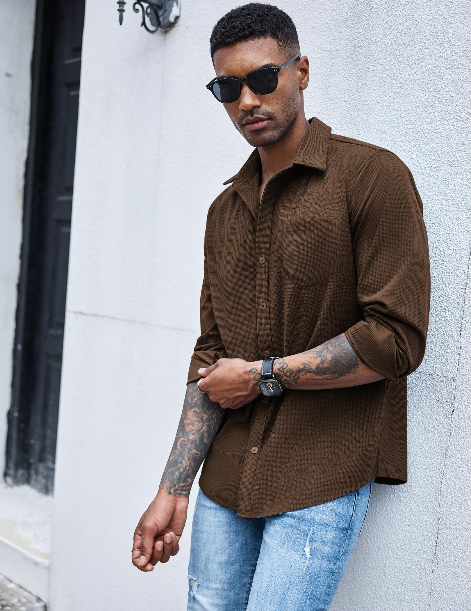 COOFANDY Men's Waffle Knit Button Down Shirt Jacket - Casual Long Sleeve Shacket with Chest Pockets | Perfect for Fall Layering, Outdoor Adventures & Smart Casual Outfits