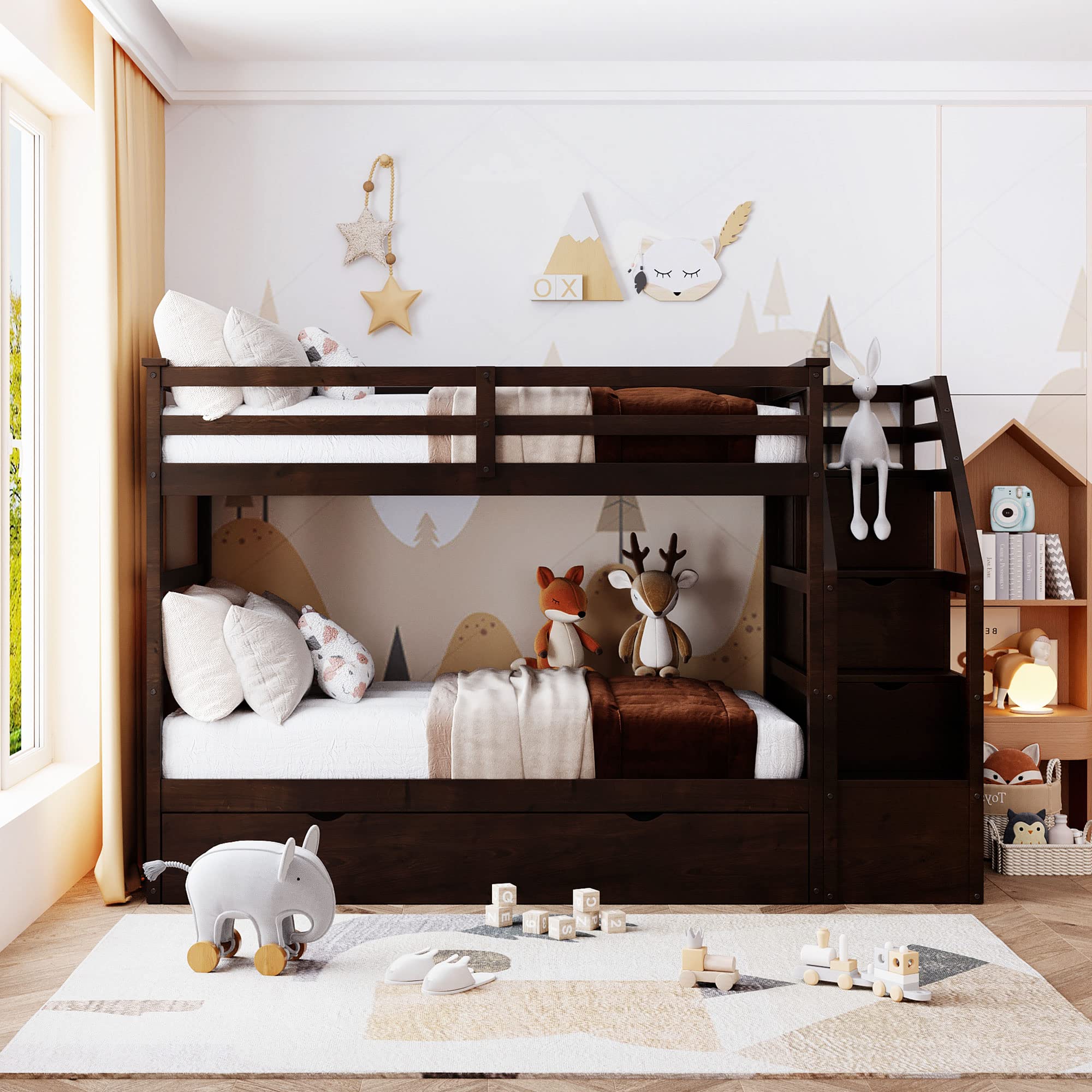 Twin Over Twin Bunk Bed with Trundle & 3-Storage Stairs - Wooden Bunk Bed Frame with Safety Rails, Storage Drawers for Kids, Teens & Guest Rooms - Space Saving Bedroom Furniture (Espresso Finish) - Perfect for Small Rooms, Sleepovers & Vacation Homes