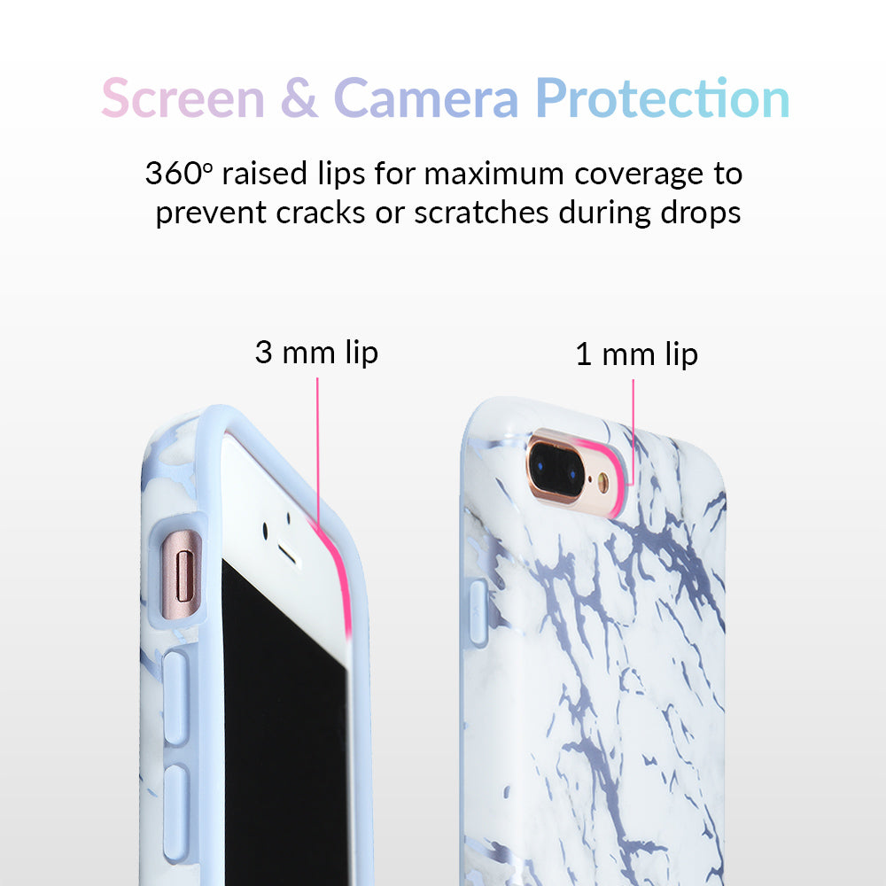 Premium White Marble & Blue Chrome iPhone Case - Slim Protective Cover for iPhone 13/14/15 Pro Max - Stylish Luxury Design for Everyday Use, Travel & Business