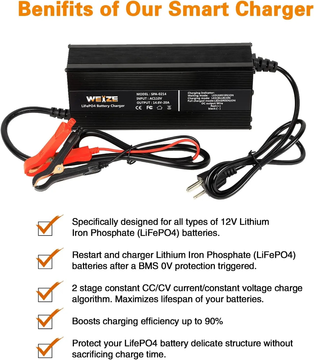 14.6V 20A LiFePO4 Lithium Battery Smart Charger - AC/DC Fast Charger for 12V Lithium Iron Phosphate Batteries - Perfect for RVs, Solar Systems, Marine & Off-Grid Power Applications