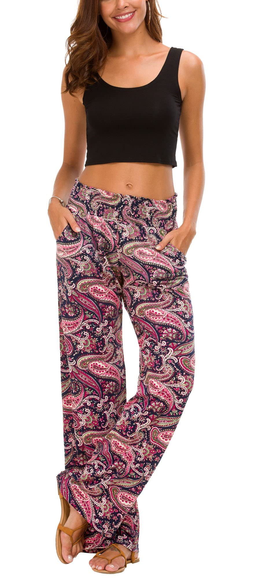 Urban CoCo Women's Boho Palazzo Pants - Wide Leg Beach Lounge Pants with Pockets - High Waisted Comfortable Hippie Pants for Yoga, Travel & Summer Vacation