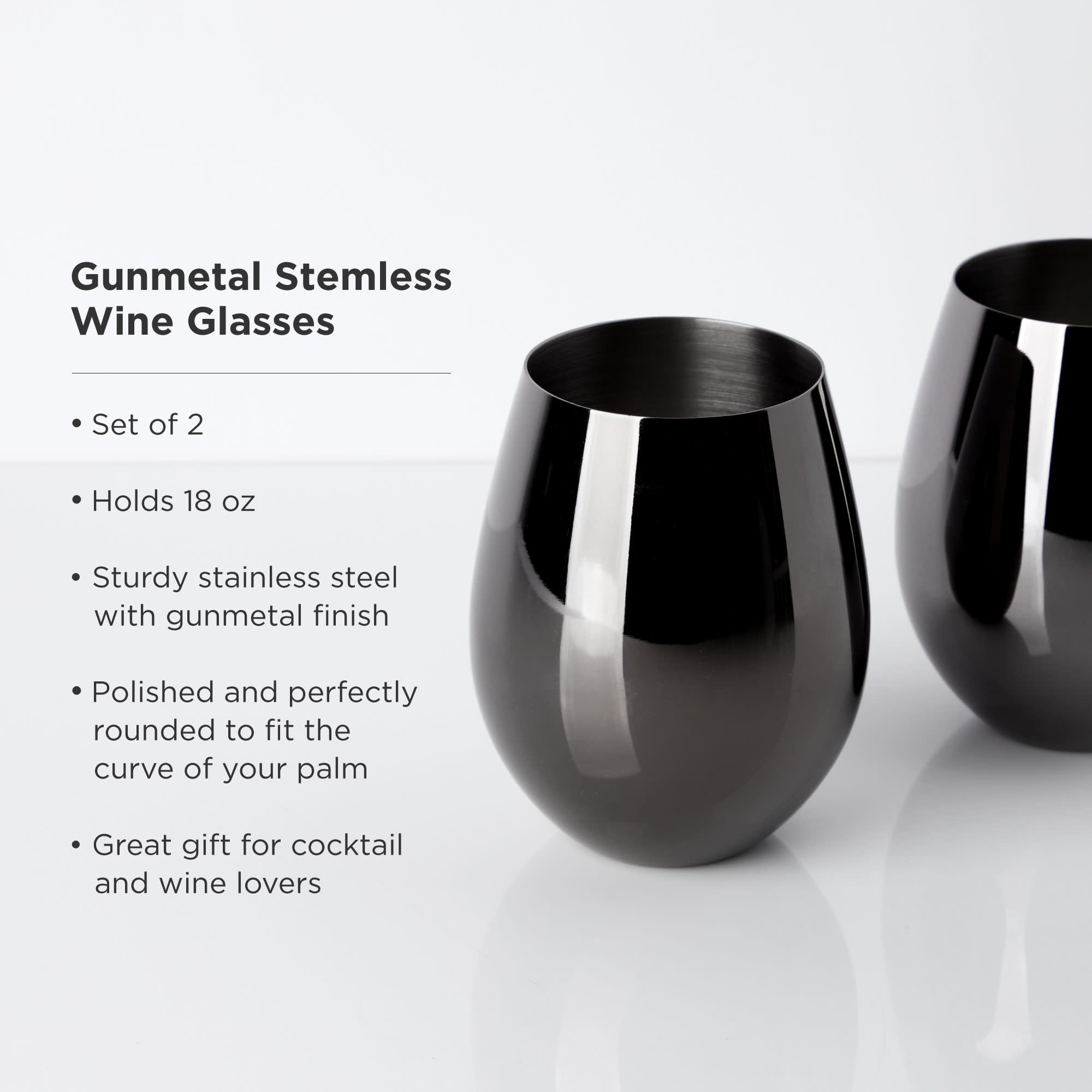 Premium Gunmetal Stainless Steel Stemless Wine Glasses Set of 2 - Shatterproof & Dishwasher Safe for Indoor/Outdoor Use - Perfect for Parties, Picnics, and Home Entertaining
