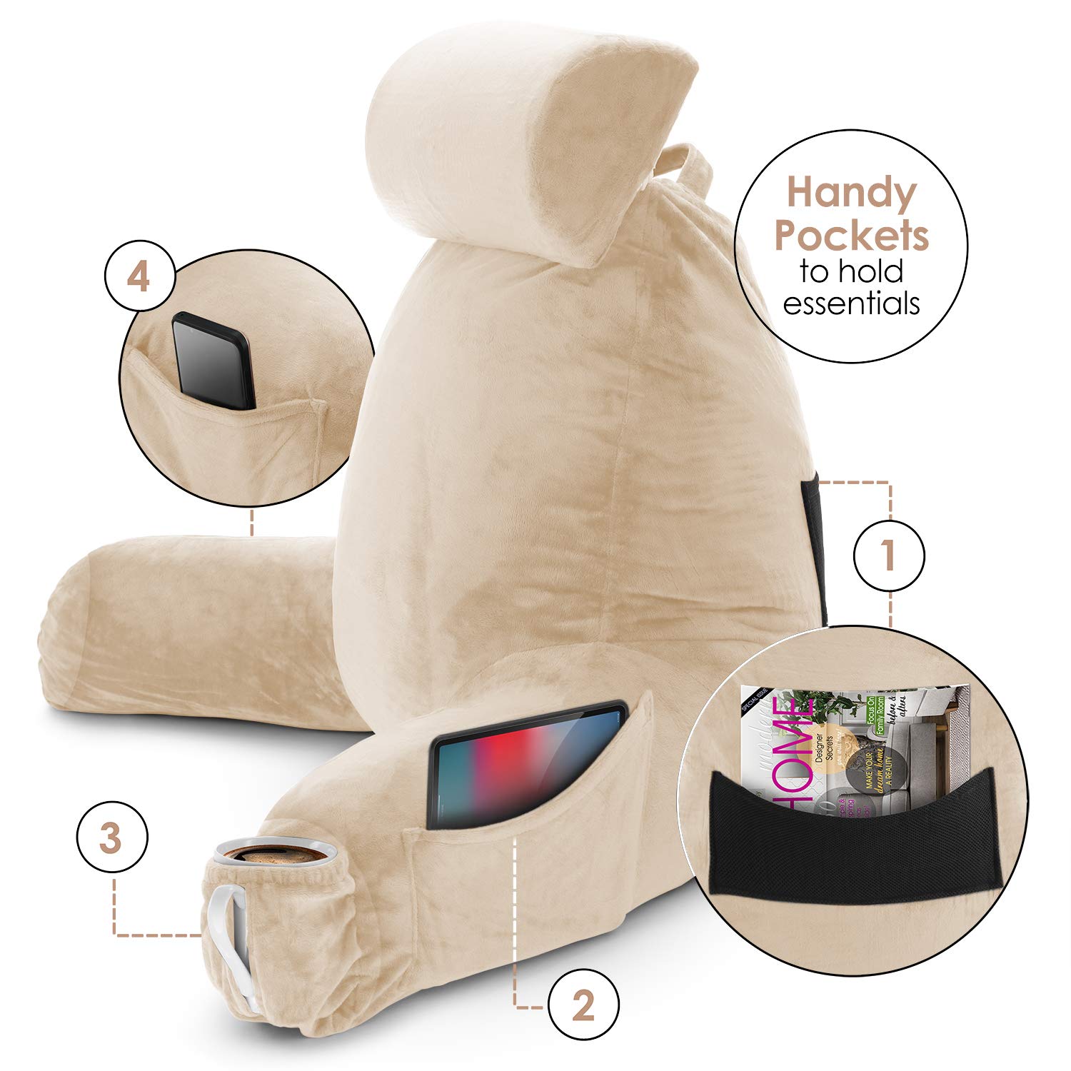 Nestl Reading Pillow with Shredded Memory Foam - Large Back Support Pillow for Sitting in Bed, Reading, or Relaxing | Beige Cream Bed Chair Pillow with Pockets | Perfect for Cozy Reading Nooks, Dorm Rooms & Home Offices
