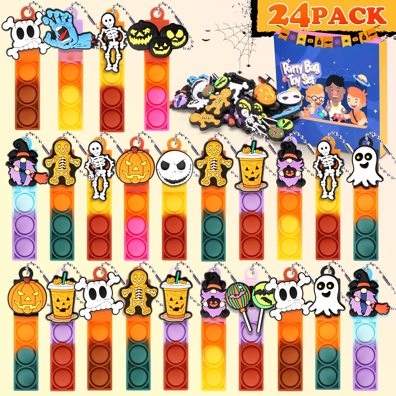 24-Piece Halloween Mini Pop Fidget Toys Bulk Pack - Sensory Stress Relief Keychain Toys for Kids, Party Favors, Classroom Prizes & Carnival Treasure - Perfect for Birthday Gifts, Desk Toys & Bag Fillers