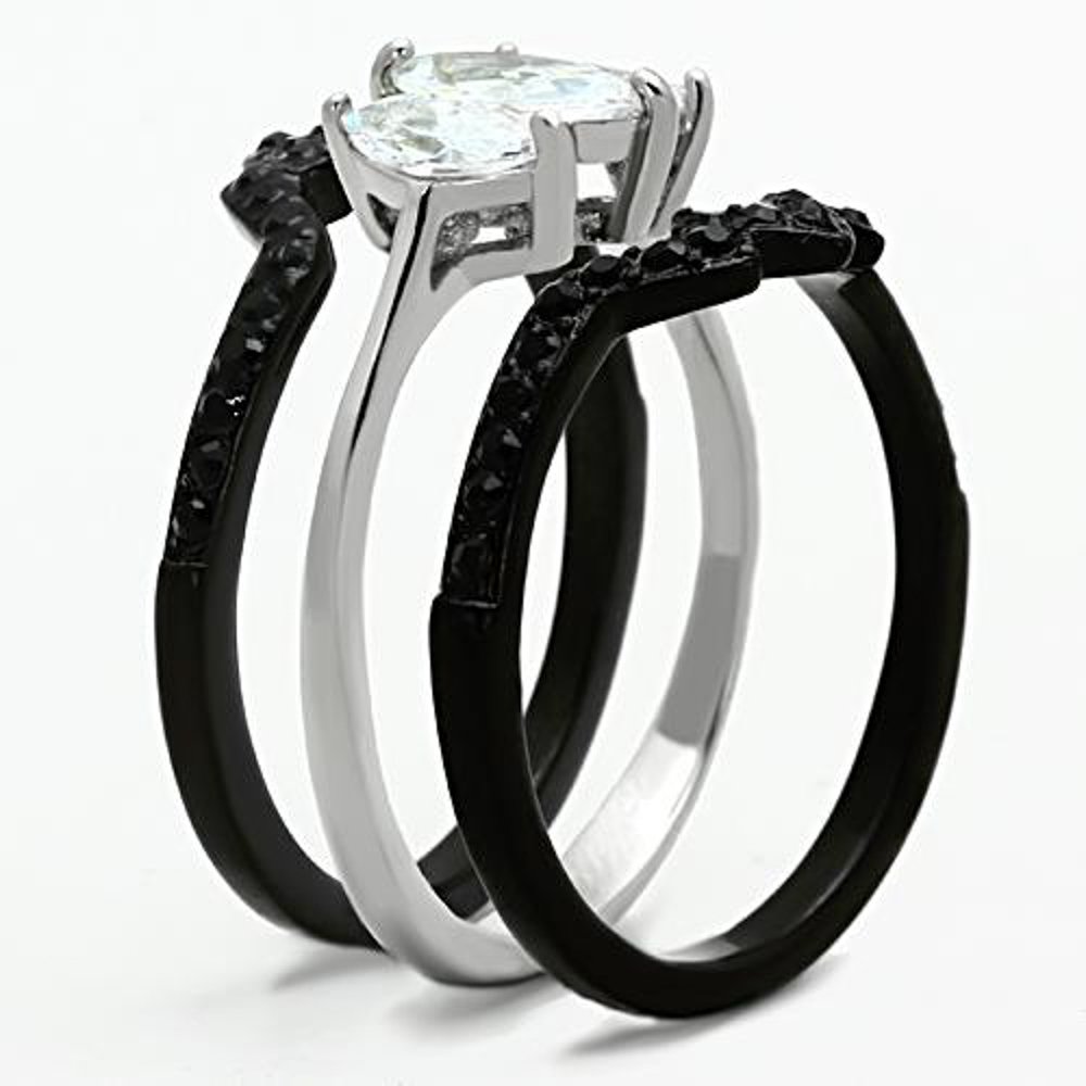 His & Her Wedding Rings Set - Black & Silver Stainless Steel & Titanium Bands for Couples