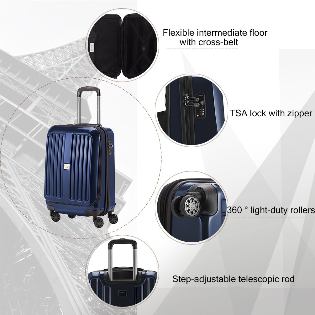 Premium 55cm Dark Blue Glossy Carry-On Luggage - Lightweight Cabin Suitcase for Business Travel & Weekend Getaways | TSA Approved, Spinner Wheels, Durable Polycarbonate Shell