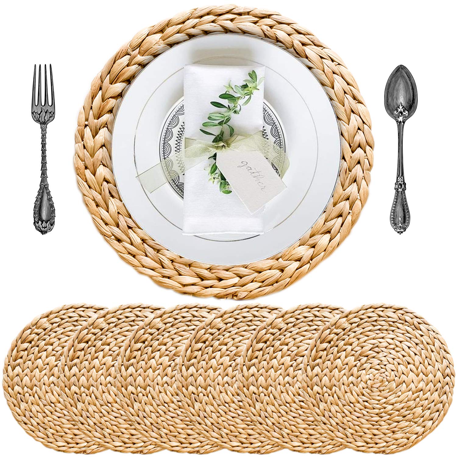 Boho Round Woven Placemats Set of 6 - 13.4 Inch Natural Water Hyacinth Wicker Straw Placemats for Dining Table | Perfect for Farmhouse, Coastal, and Boho Chic Home Decor