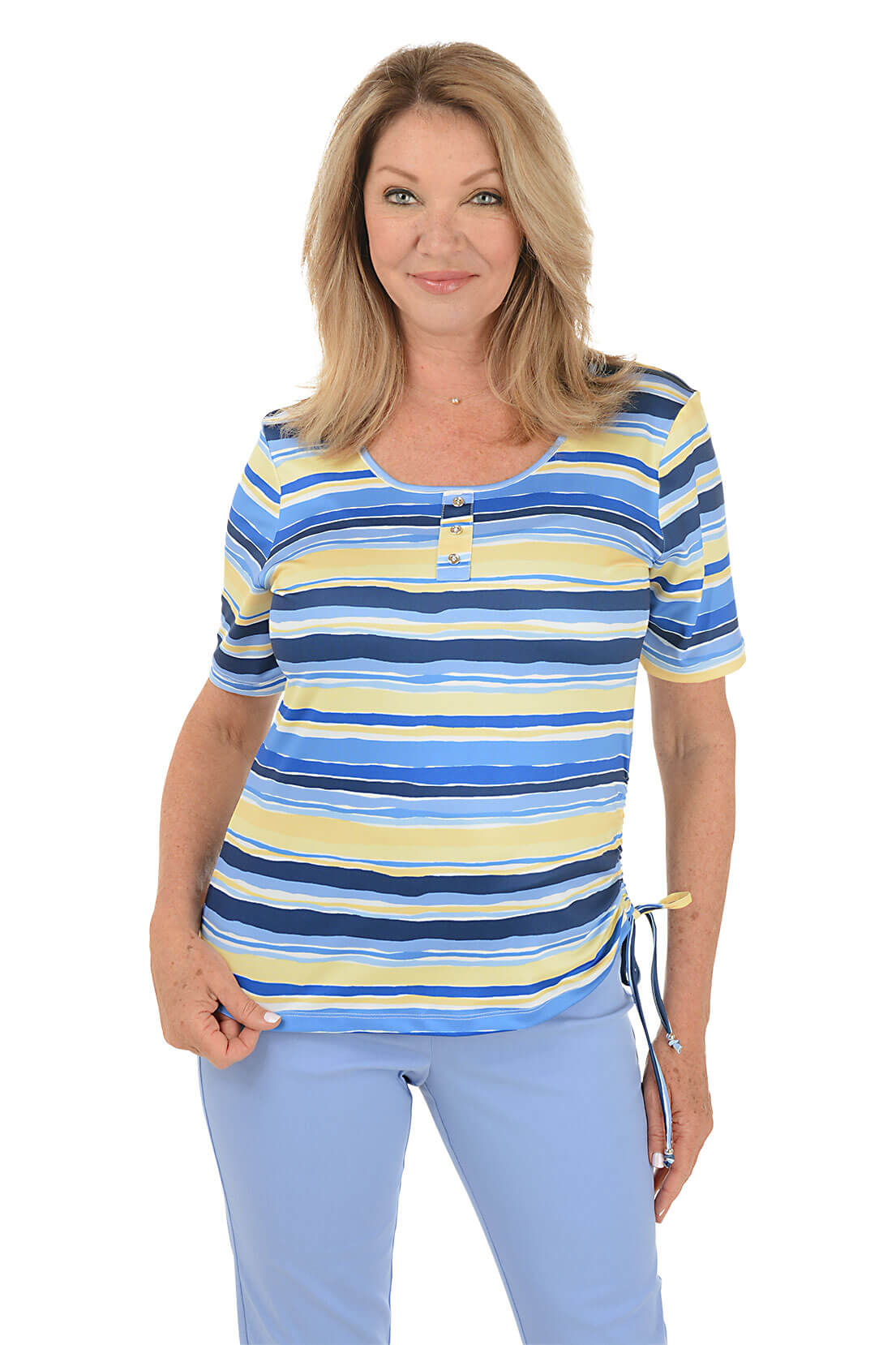 Women's Petite Striped Henley Top - Casual Short Sleeve Shirt for Summer | Perfect for Beach Outings, Date Nights & Weekend Wear