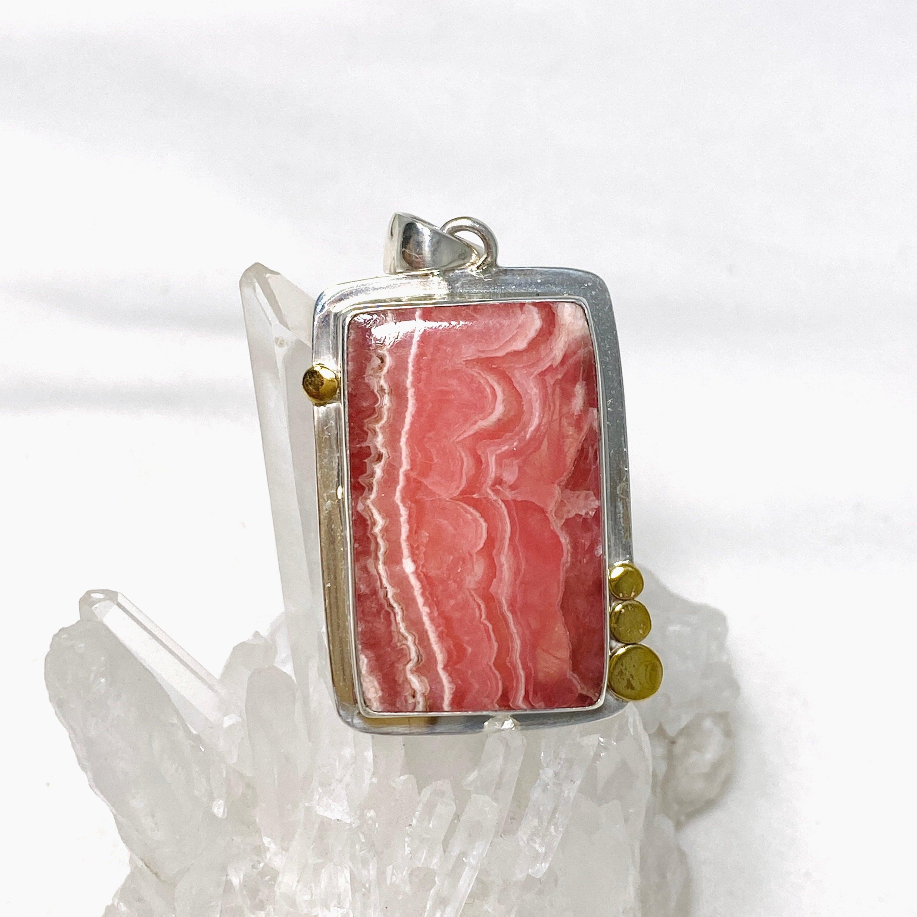 Rhodochrosite Rectangular Pendant with Brass Accents KPGJ4324 - Elegant Gemstone Jewelry for Women, Gift for Her, Perfect for Valentine's Day & Anniversary