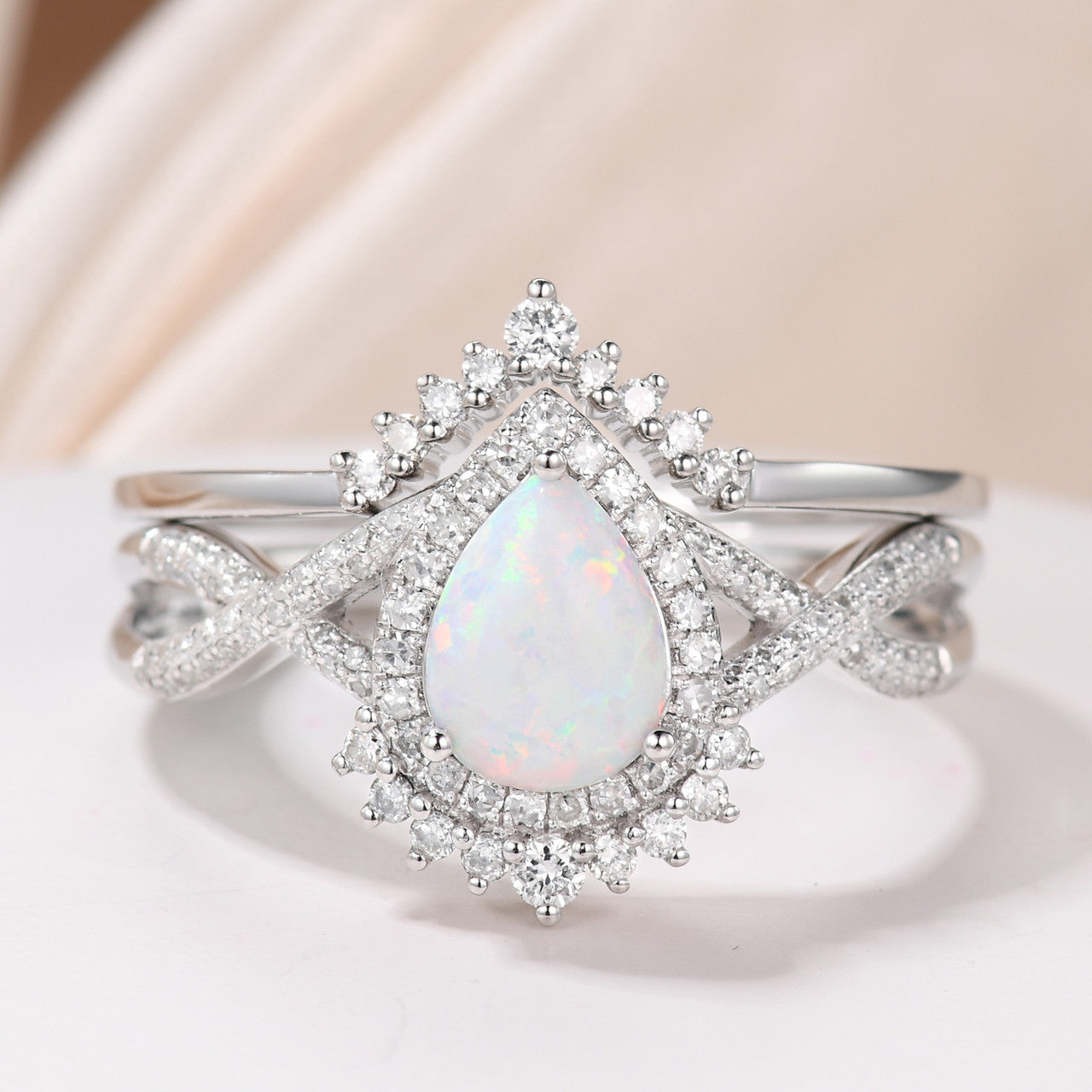 Vintage Opal Diamond Engagement Ring Set - 14K White Gold Pear Shaped Wedding Band for Women - Perfect for Proposals, Anniversaries & Bridal Jewelry