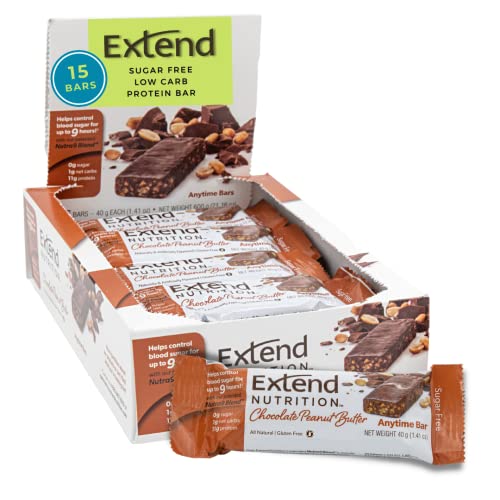 Extend Nutrition Diabetic Protein Bars - Sugar Free Snacks for Adults with Diabetes, Low Carb Chocolate Peanut Butter Protein Bars (15 Count) | Blood Sugar Support, Healthy On-the-Go Snacking for Work & Travel