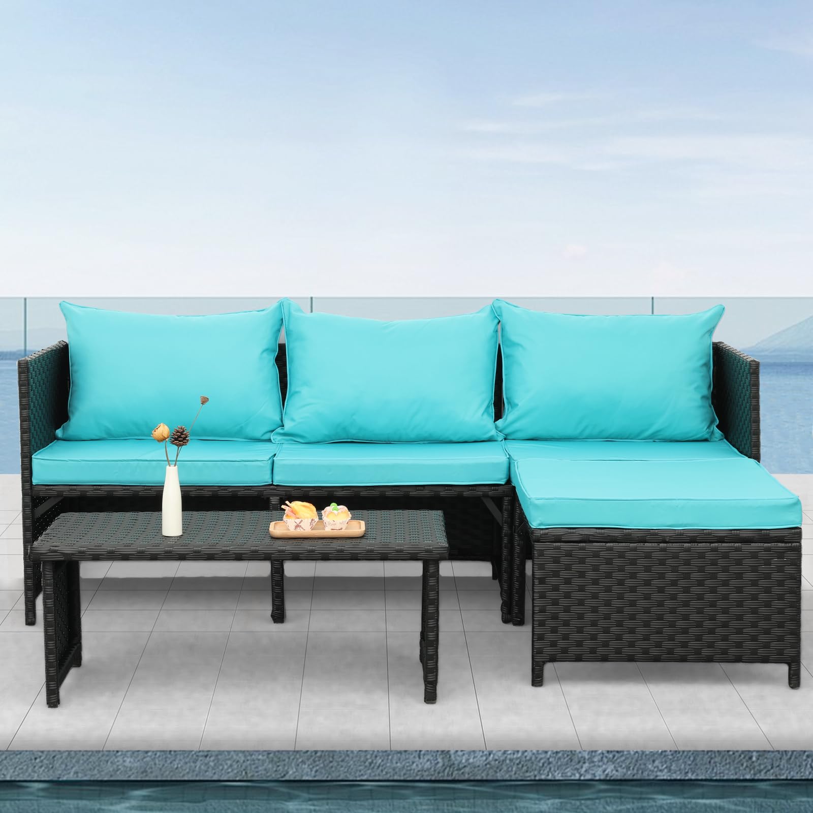 Valita 3-Piece Outdoor PE Rattan Furniture Set - Black Wicker Patio Loveseat Sofa with Turquoise Cushions, All-Weather PE Rattan Sectional Couch for Garden, Poolside, Deck or Backyard Relaxation