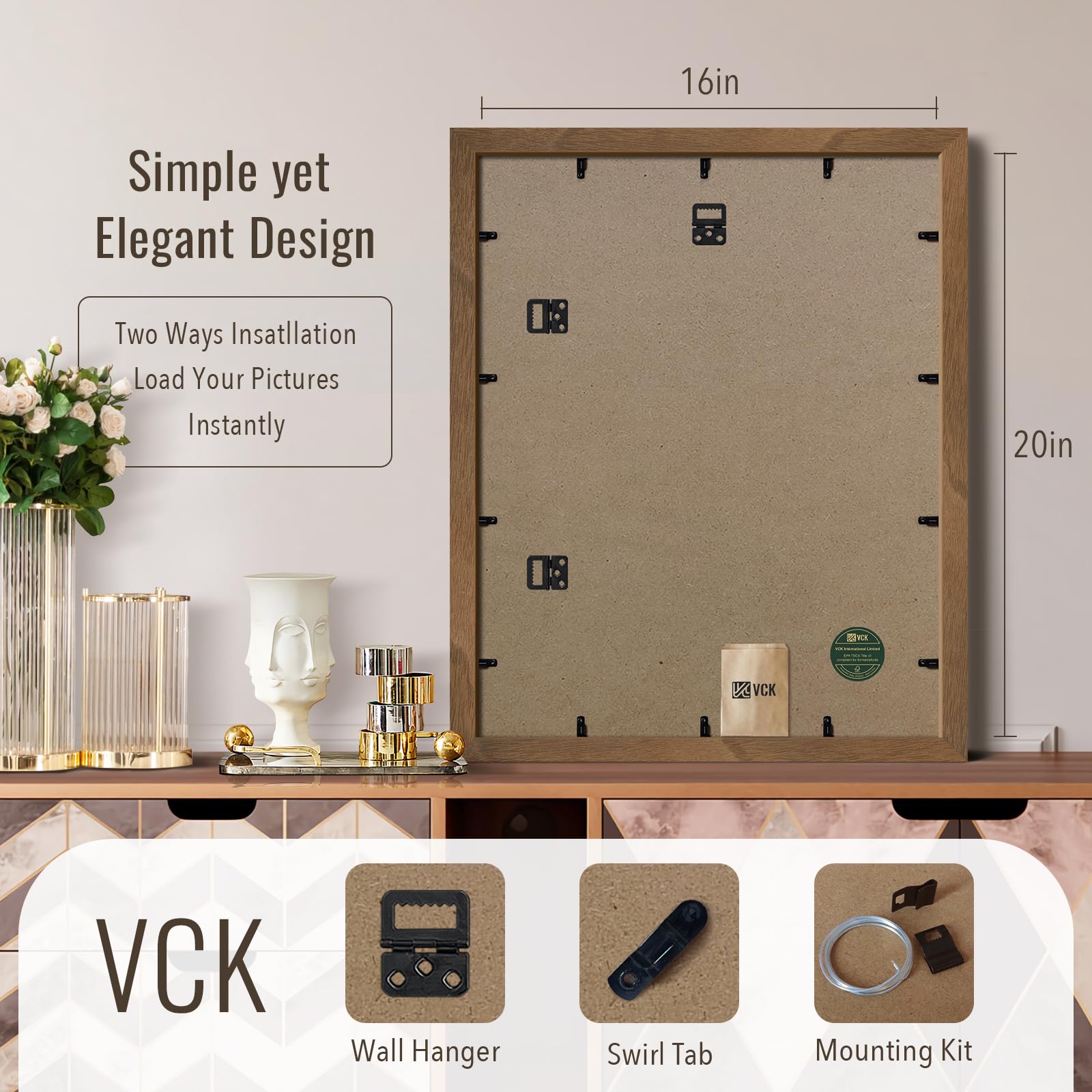 VCK 16x20 Picture Frames for Wall - Brown Walnut 3 Pack, Natural Textured Solid Wood Poster Frame with UV Protection - Perfect for Home Decor, Office, Gallery & Wedding Photos Display